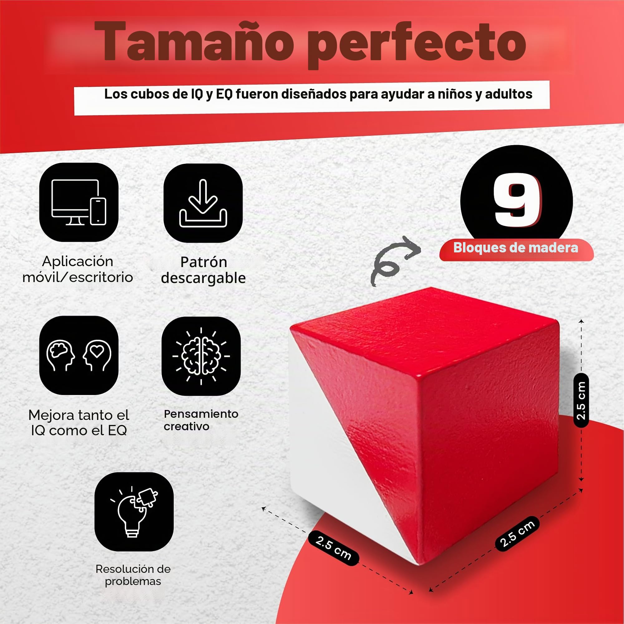 PrfcNL Rompecabezas de Cubo IQ de Madera, 9 Bloques cúbicos en Blanco y Rojo, 2.5 x 2.5 x 2.5 cm, con 60 diseños y aplicación