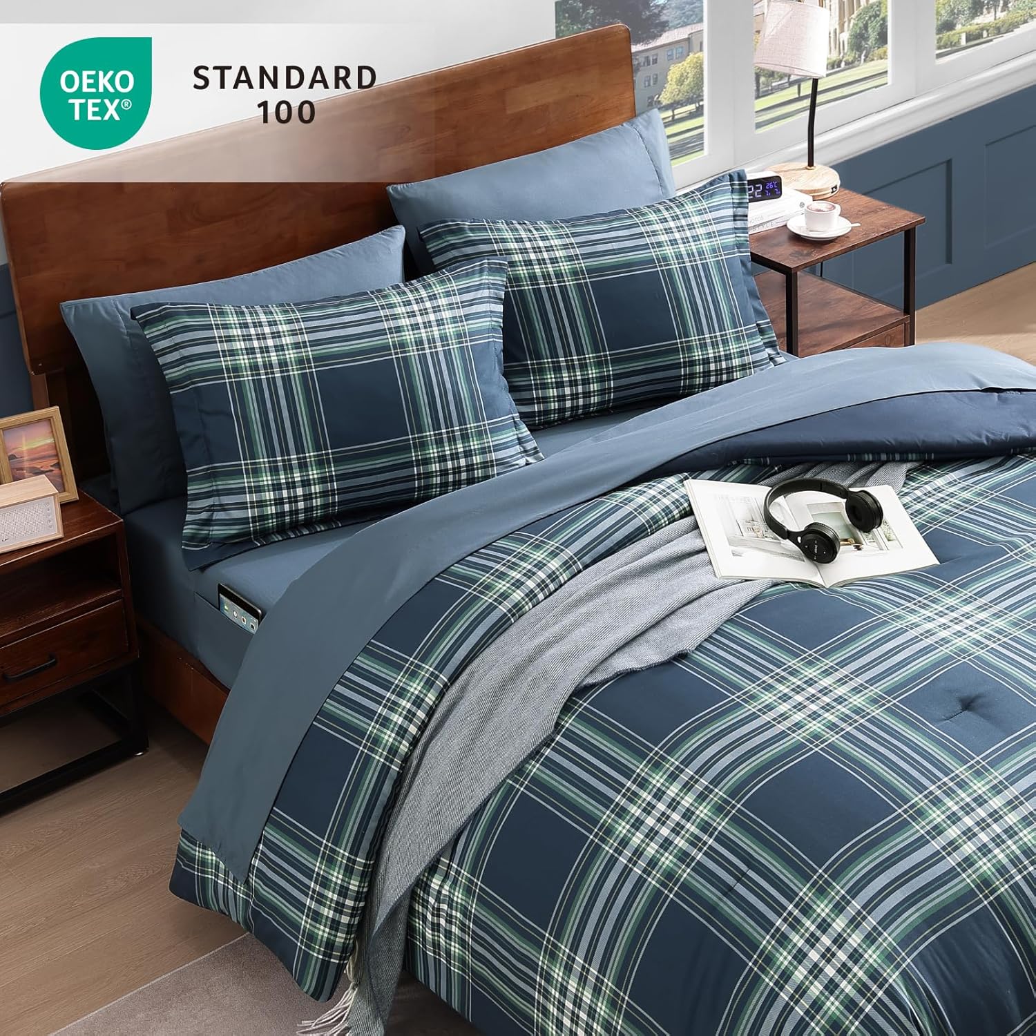 Plaid Twin XL Comforter Set, Midnight Blue Bedding Set 5 Pieces for Boys Girls Teen, Classic Farmhouse Bed in a Bag for Dorm with Sheets, Pillowcase & Sham - Image 3