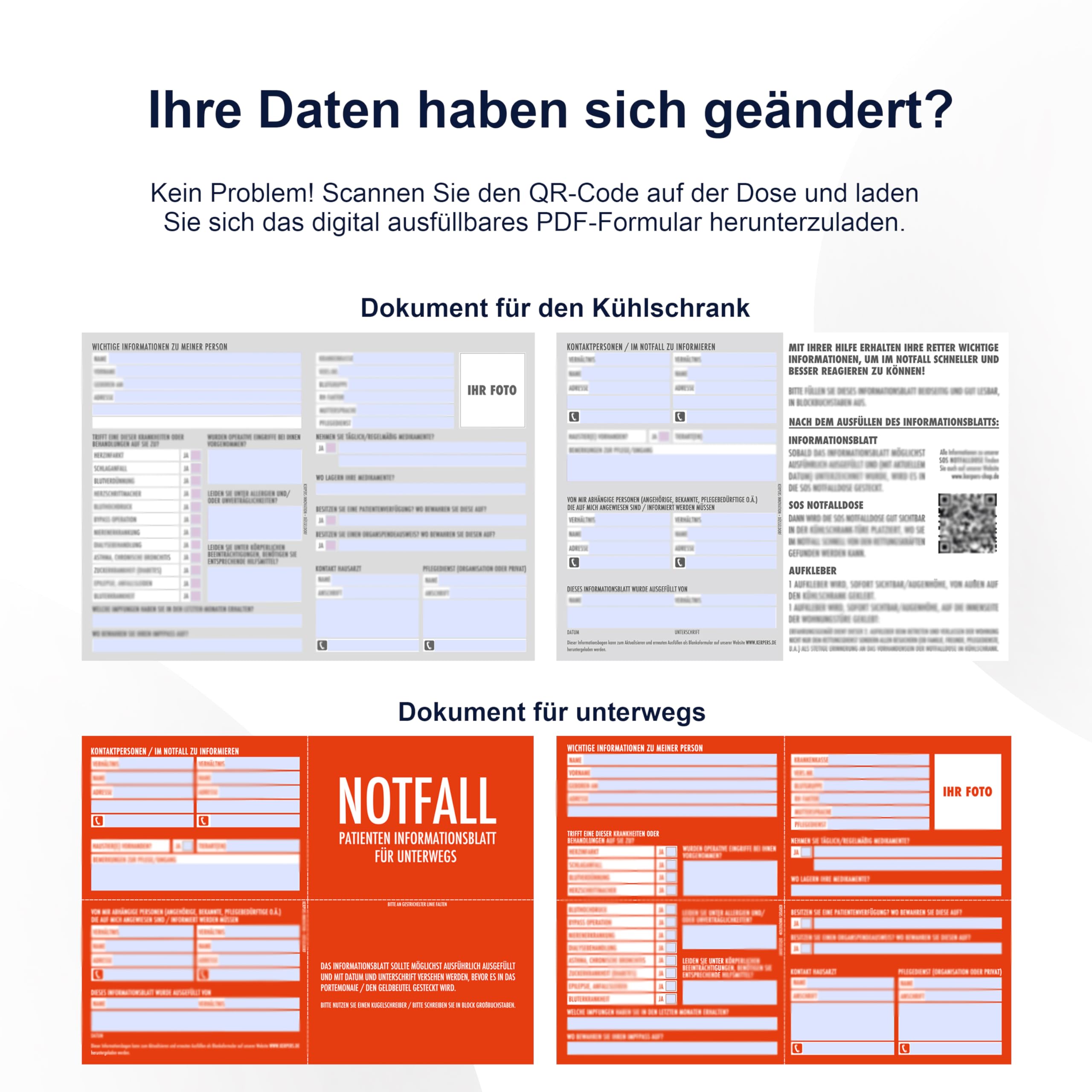 100x Notfalldose | MADE IN GERMANY | Notfallbox für den Kühlschrank | SOS Patientendose mit Rettungsaufkleber & Infoblatt für Apotheke & Pflegedienst