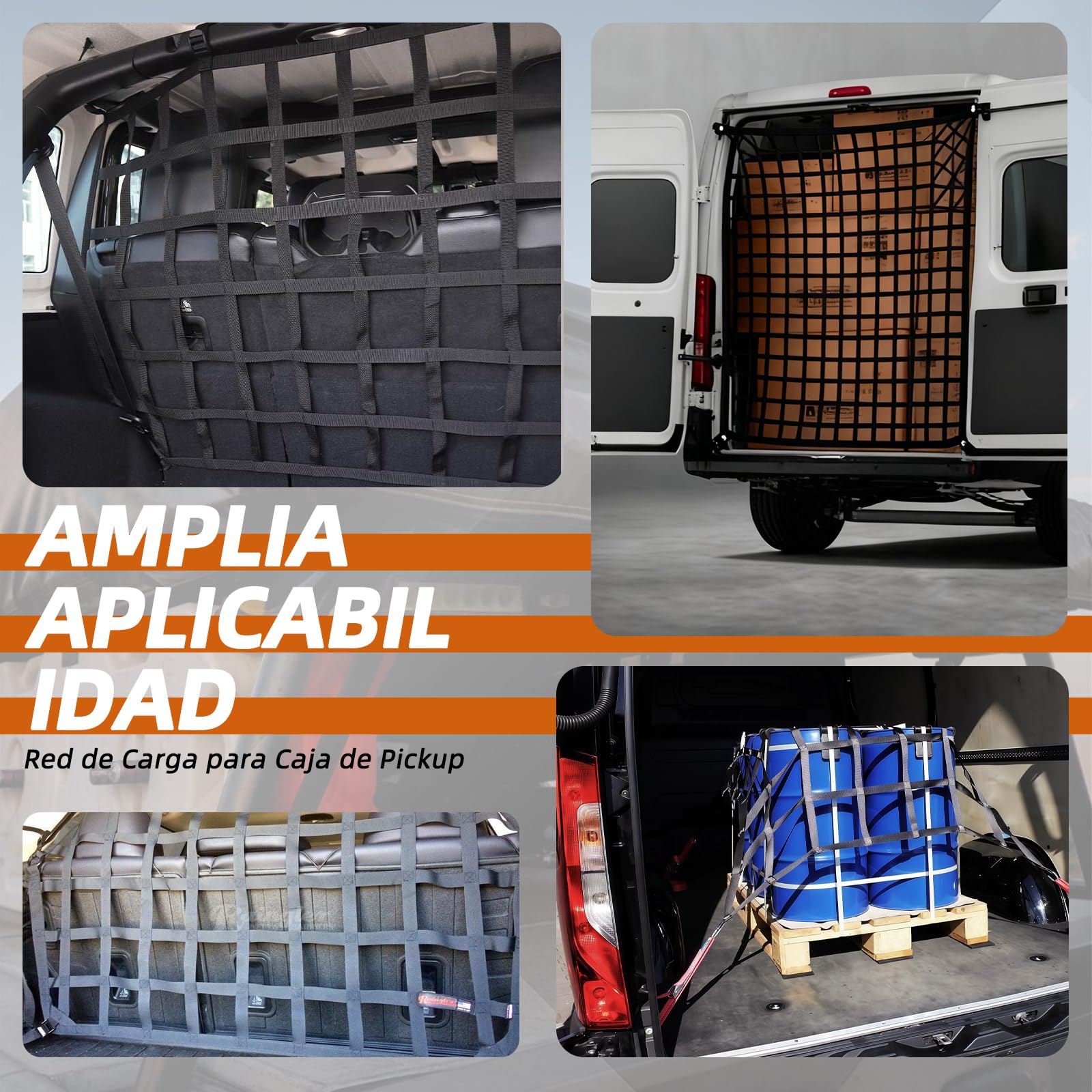 Red de carga con 4 correas ajustables para asegurar la carga en remolques de camionetas. Apto para furgonetas, Ducato, Boxer, Jumper, Opel Movano, Ford Transit, Mercedes-Benz