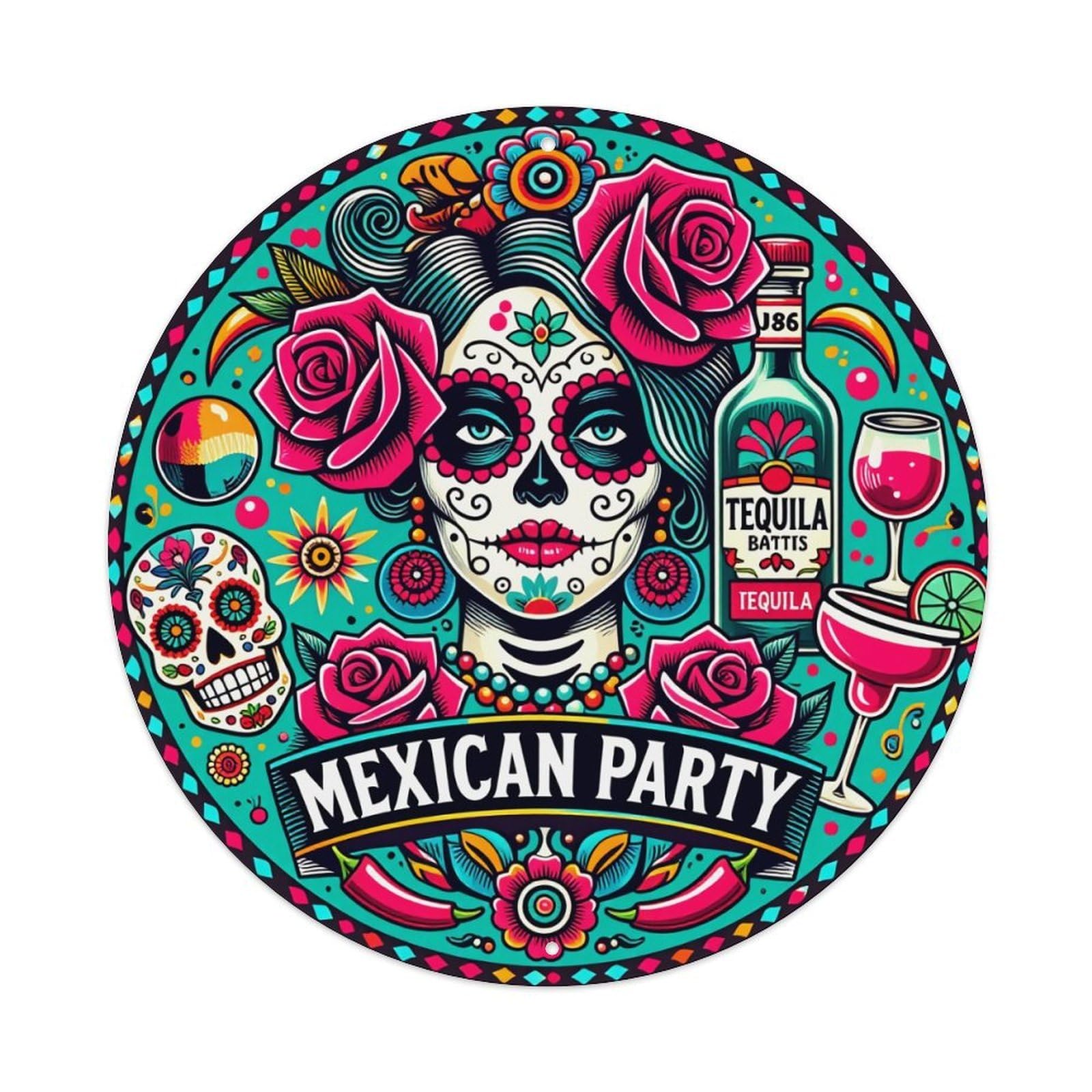 Day Of The Dead Theme Round Tin Sign Vintage Metal Poster, Home Bar Garage Man Cave Cafe Indoor & Outdoor Wall Decoration 8x8Inches