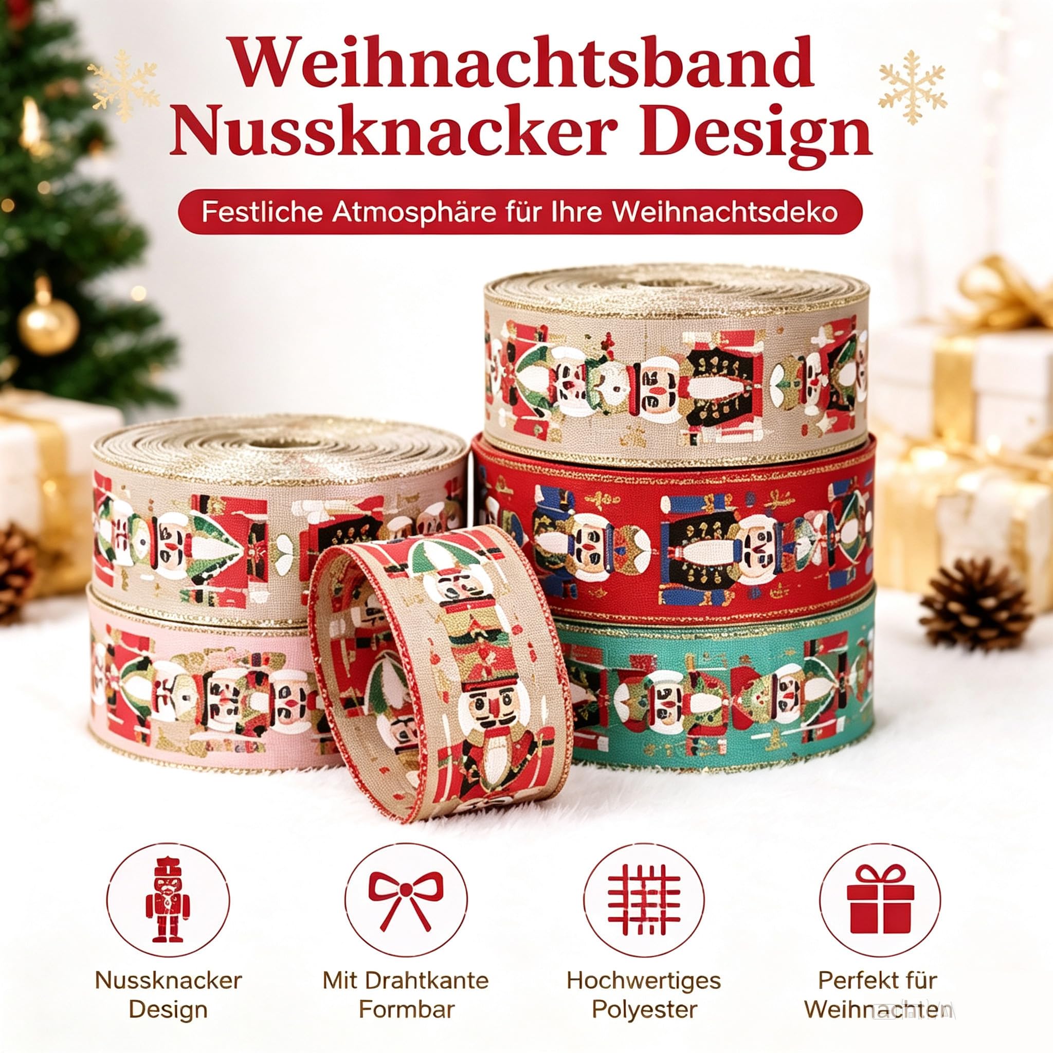 Weihnachtsband Nussknacker 63mm Drahtkante schleifenband Geschenkband