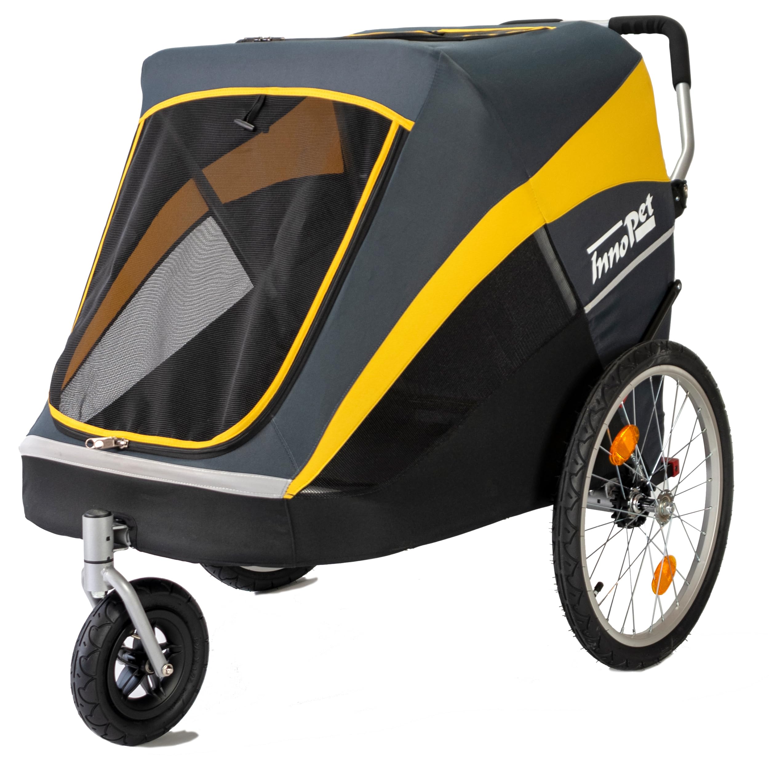 Großer Hundewagen - Innopet Hercules 2.0 Gelb/Grau - Heavy Duty Buggy Rahmen bis 50kg belastbar -inkl. Regenschutz - hintere 45cm Luftreifen/vorne pannensicheres EFA Rad - ohne Werkzeug aufzubauen
