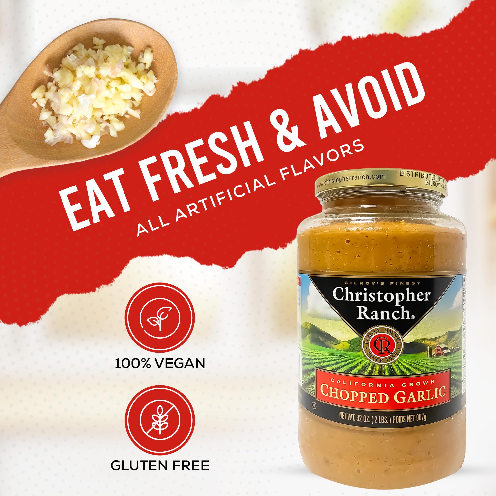 Christopher Ranch Chopped Garlic in Olive Oil, California-Grown Fresh, Ready-to-Use, Premium Quality, Gluten-Free, Vegan-Friendly, Pantry Essential, 32 oz Jar