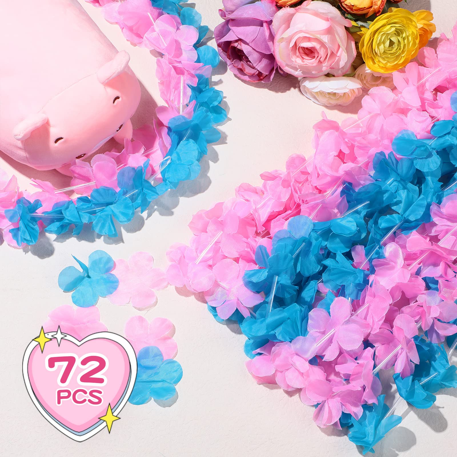 Tigeen Leis Luau Tropikalny letni naszyjnik z kwiatami Leis Luau na ukończenie szkoły, meksykańskie artykuły imprezowe, 72 szt. (różowy, niebieski)