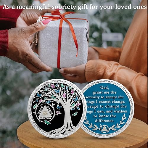 Miniatura 6 de CHURYUML Moneda de sobriedad de 19 años, árbol de la vida, medallón de logro de chips de sobriedad, monedas AA, mariposa, ficha sobria, regalos de