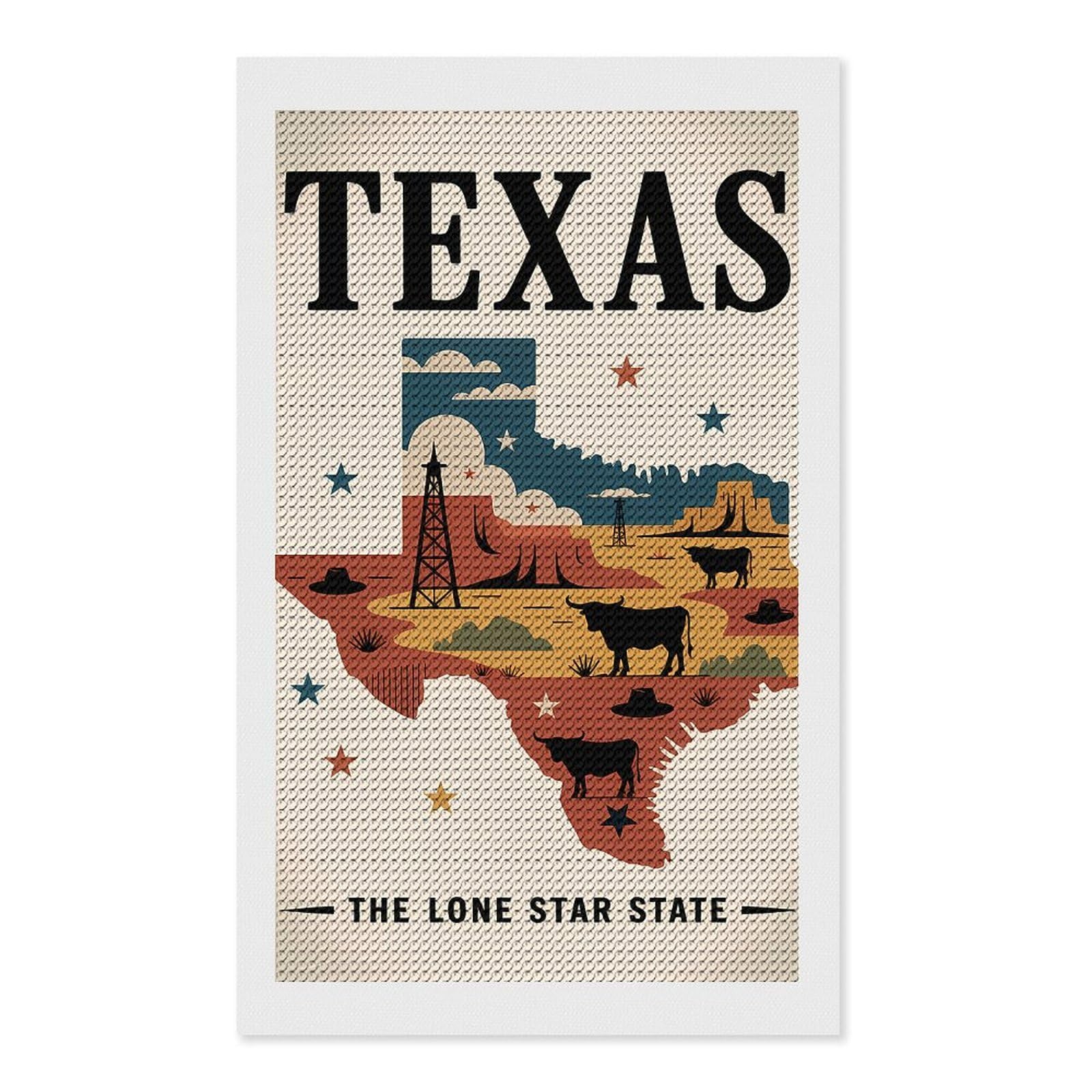 Junmoney Texas The Lone Star State Illustration Diamond Art Kit 12"x20", Bedroom Decor, Adhesive Canvas, Full Kit Included, Thoughtful Present, Birthday Gift