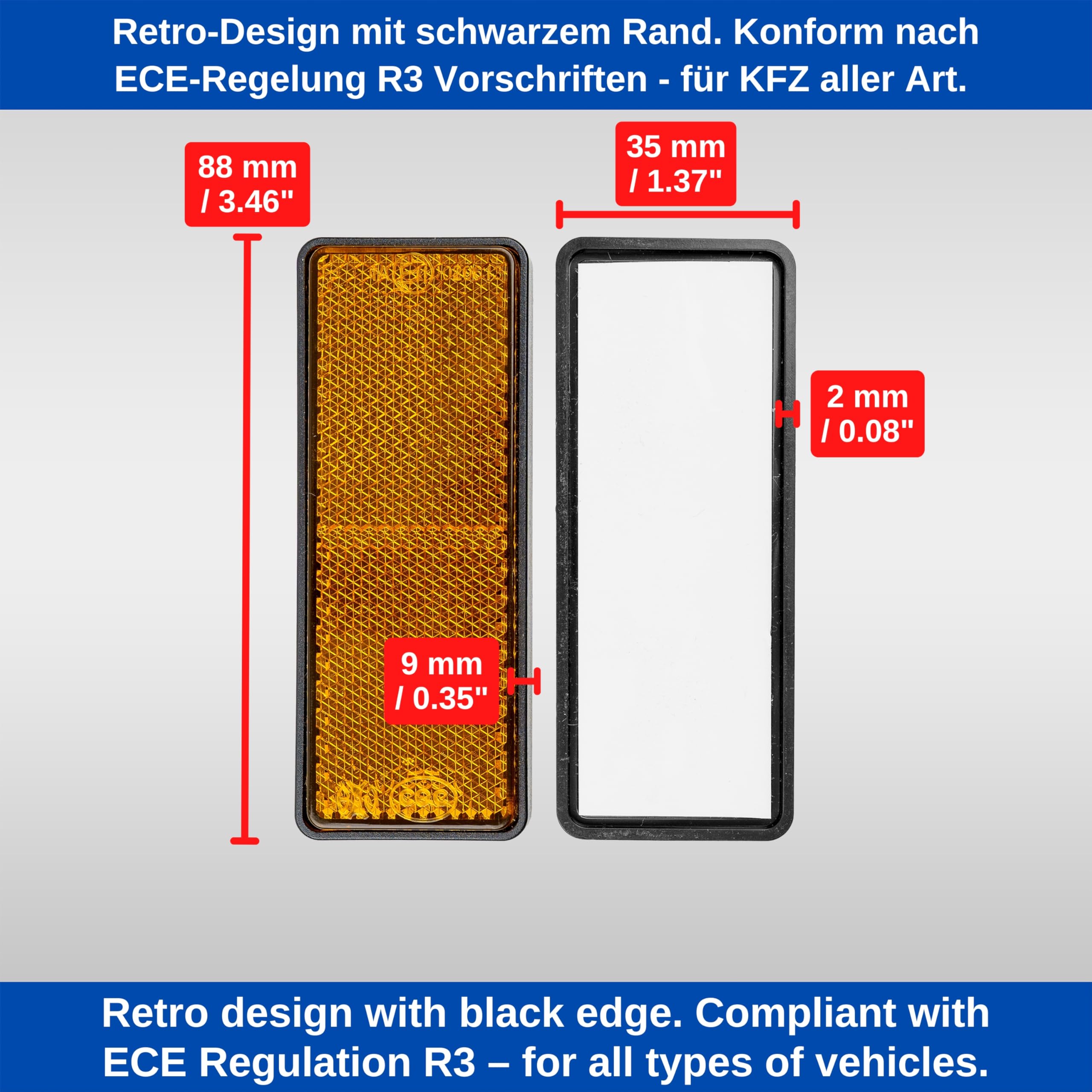 Catarifrangenti rettangolari da applicare, confezione da 4, arancione, dimensioni 88 x 35 x 9 mm, marchio E, catarifrangenti rettangolari per rimorchi, camper, occhio di gatto a sinistra a destra - 5