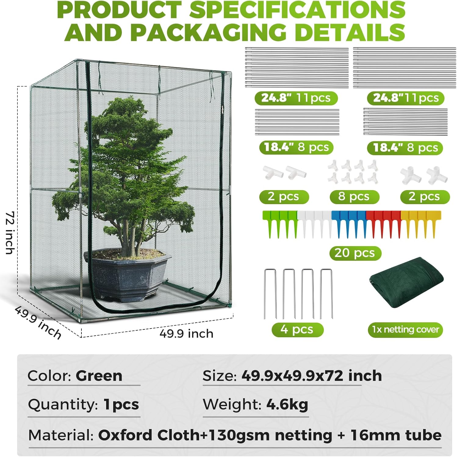 49x49x72in Portable Crop Cage Large Garden Plant Netting with Rolling Zipper Door Plant Tent for Vegetable and Fruit Gardening Netting, Durable Raised Bed Garden Netting, Green