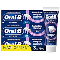 Oral-B Dentifricio Advanced Protezione Gengive 3x75ml, Dentifricio Oral B per Gengive Infiammate Clinicamente Provato, Pulizia Denti Efficace, Alito Fresco, Sapore Menta Piperita e Menta Verde