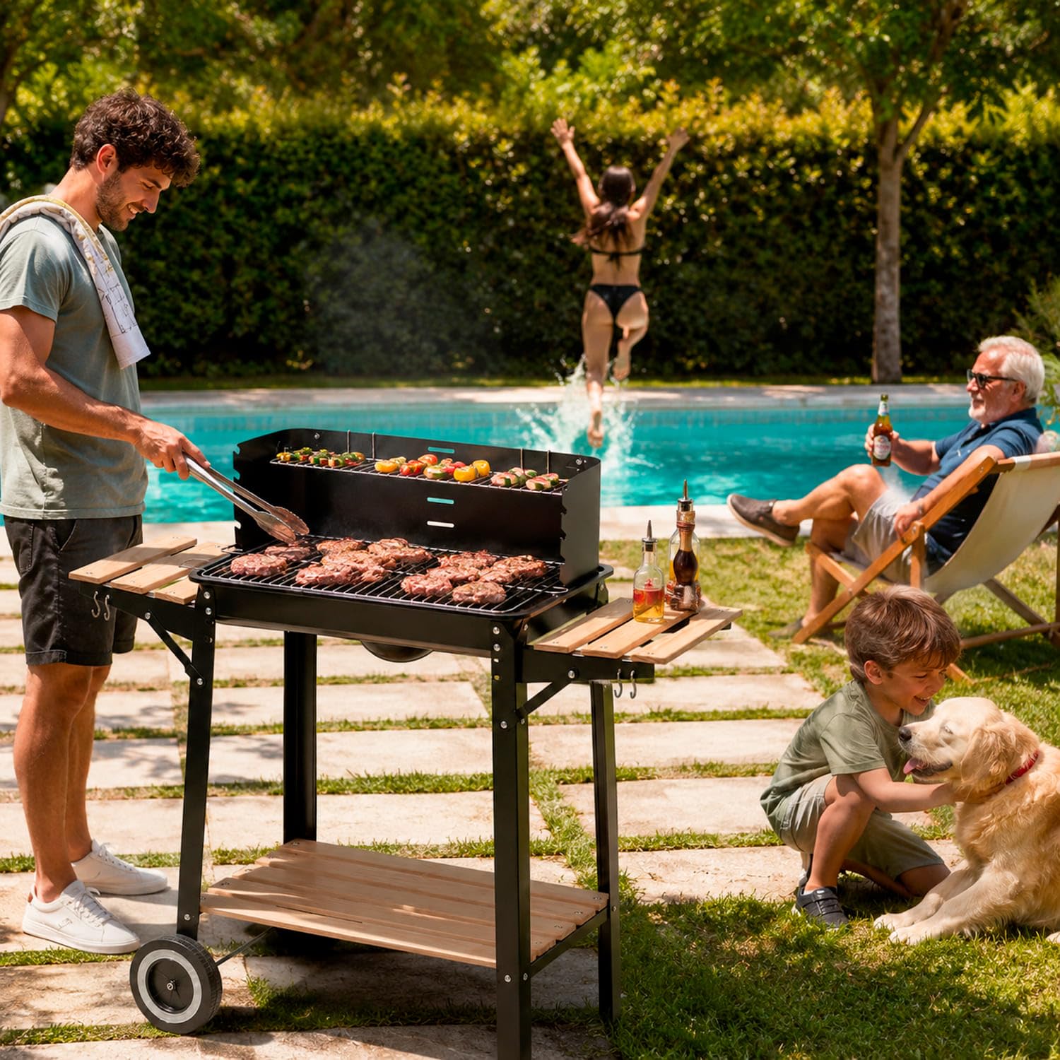 Barbecue A Carbone Con Paravento BBQ Antivento E Griglia Ripiani Laterali In Legno Ganci Per Utensili Ruote Per Facile Trasporto Perfetto Per Giardino E Campeggio 94 x 40 x 84 Cm Nero