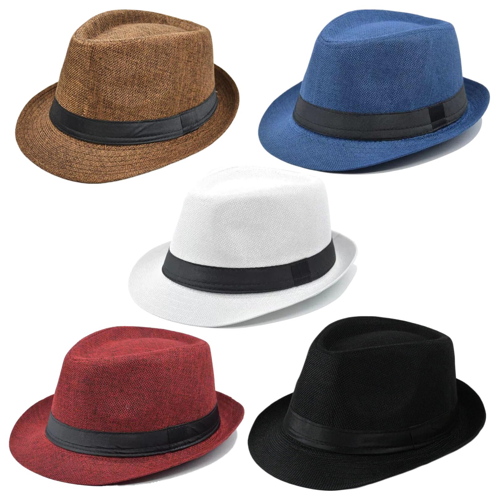 5 Pack Bulk Cuban Fedora Sun Hats Men with Adjustable Strap, Short Brim 1920s Unisex Party Costume Hats Women.