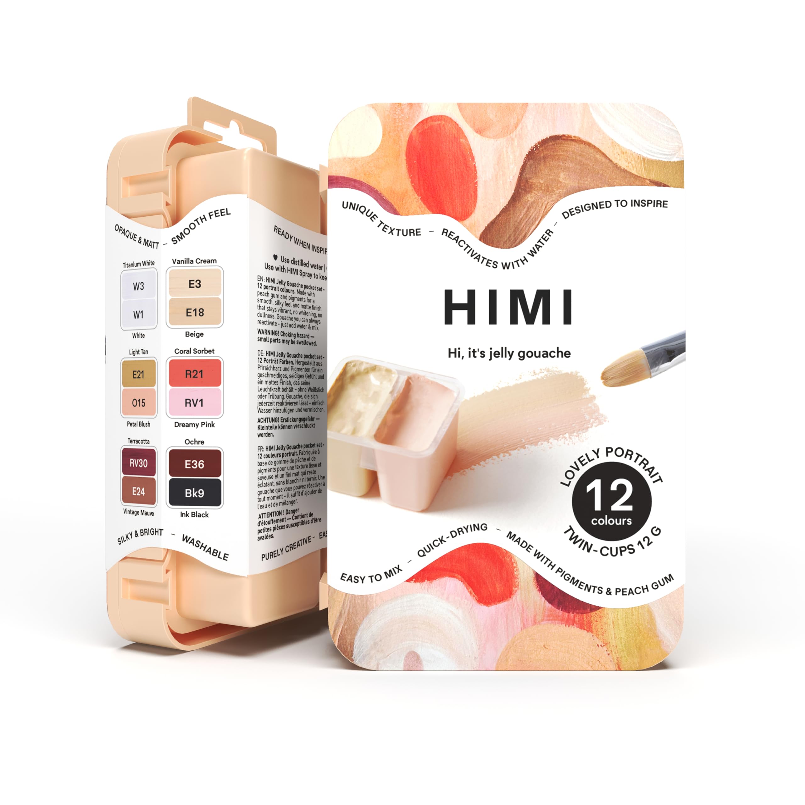 HIMI Twin Cup Gouache Set, 12 Lovely Portrait Colours, Peach Case, Painting, Art Set for Artists, Paint, Brush, Paints Supplies, Travel Artist Gift, Mini Art Paint Essentials