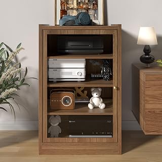 LEVNARY Walnut 5-Tier AV Media Cabinet - Adjustable Shelves, Cable Management, 150lbs Capacity for Gaming & Living Rooms