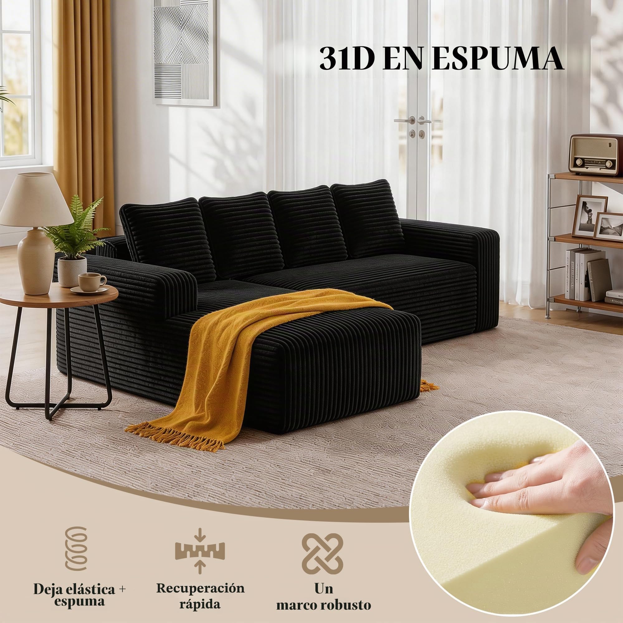 Sofá modular de 4 plazas moderno de pana con chaise longue orientada a la derecha para salón o dormitorio (B-negro)