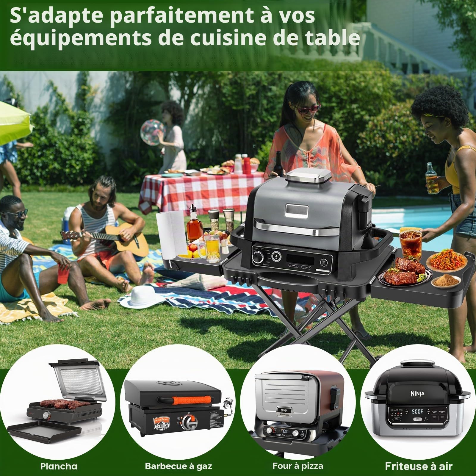 Chariot de barbecue pliable, chariot de cuisine extérieur mobile avec plan de travail en acier inoxydable, roues, 2 étagères et 6 crochets, compatible avec Ninja Woodfire, Weber Q, Blackstone