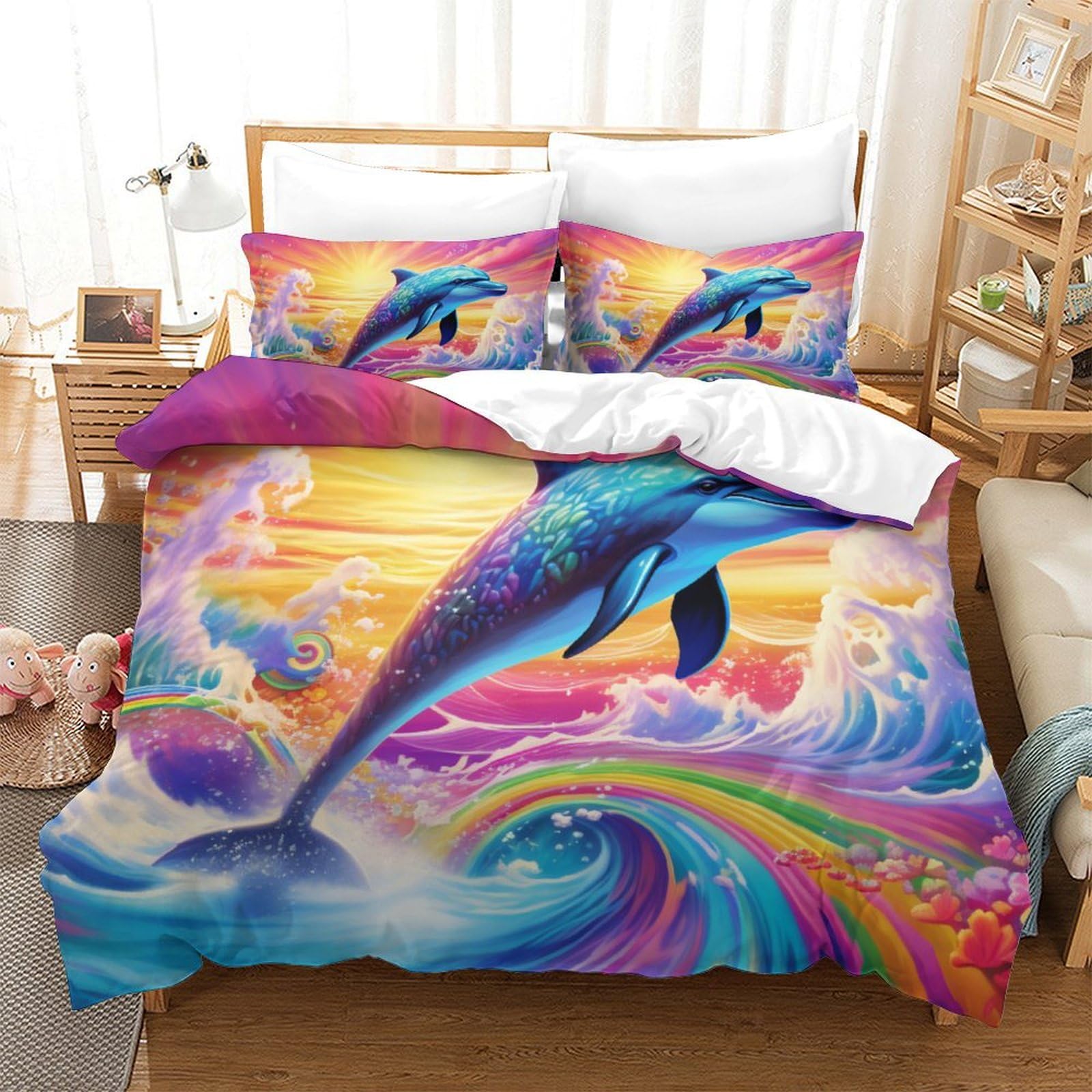 Parure de couette dauphin 3D lit 260x220 housse microfibre avec taie d'oreiller pour enfants et ados