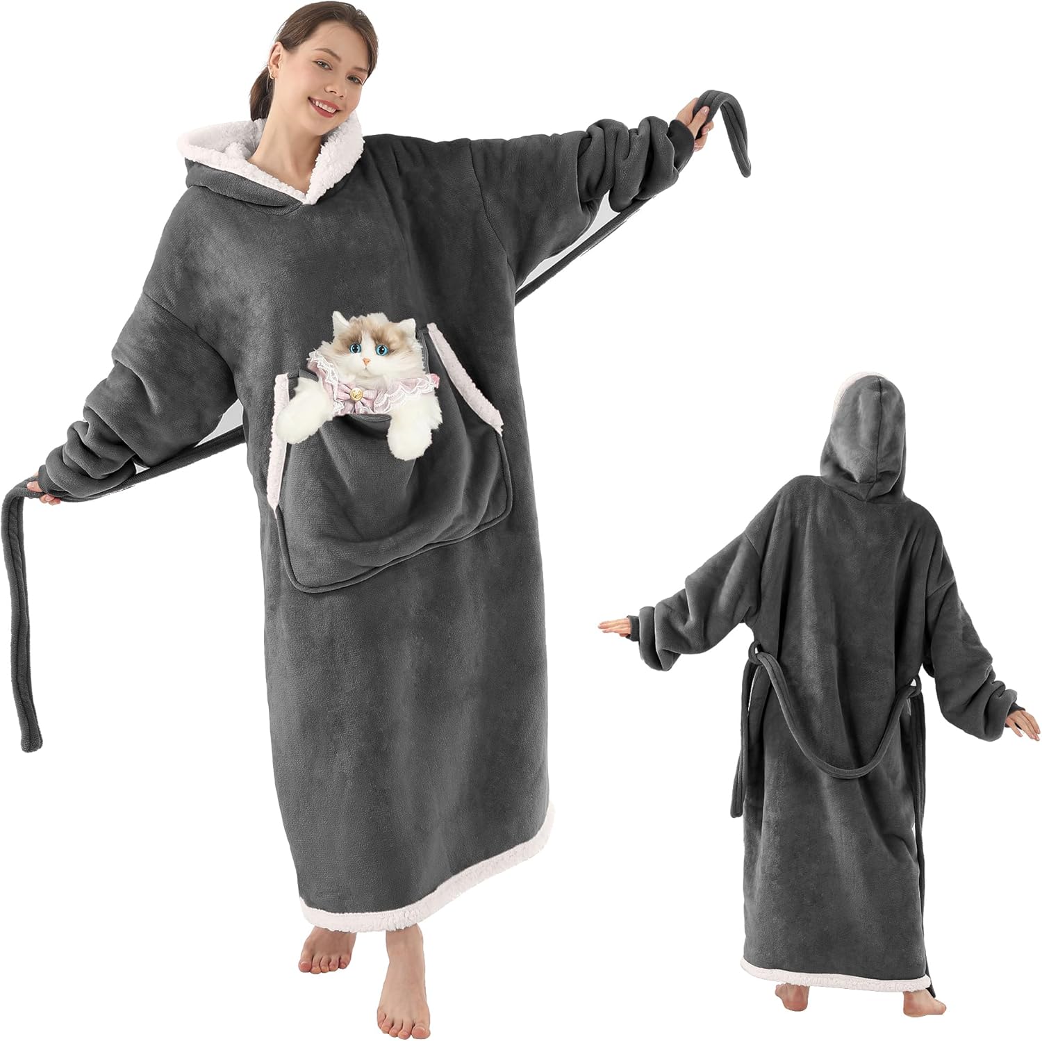 Wearable Blanket Hoodie with Cat Pouch, Gifts for Women Mom Girlfriend Pet Lovers, Extra Soft Sherpa Fleece & Cozy Flannel Blanket Sweatshirt, Standard Size Dark Gray