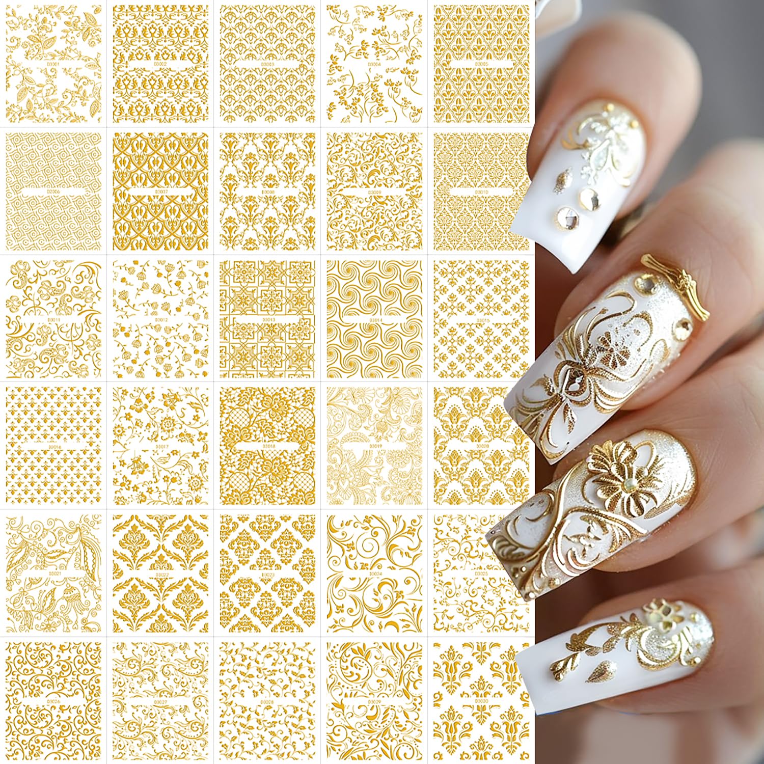 30 Sheets Gold Nail Art Stickers, Gold Lace Flower Nail Decals 3D Self Adhesive Cute Nails Supplies Decorations Spring Summer Design Fingernail