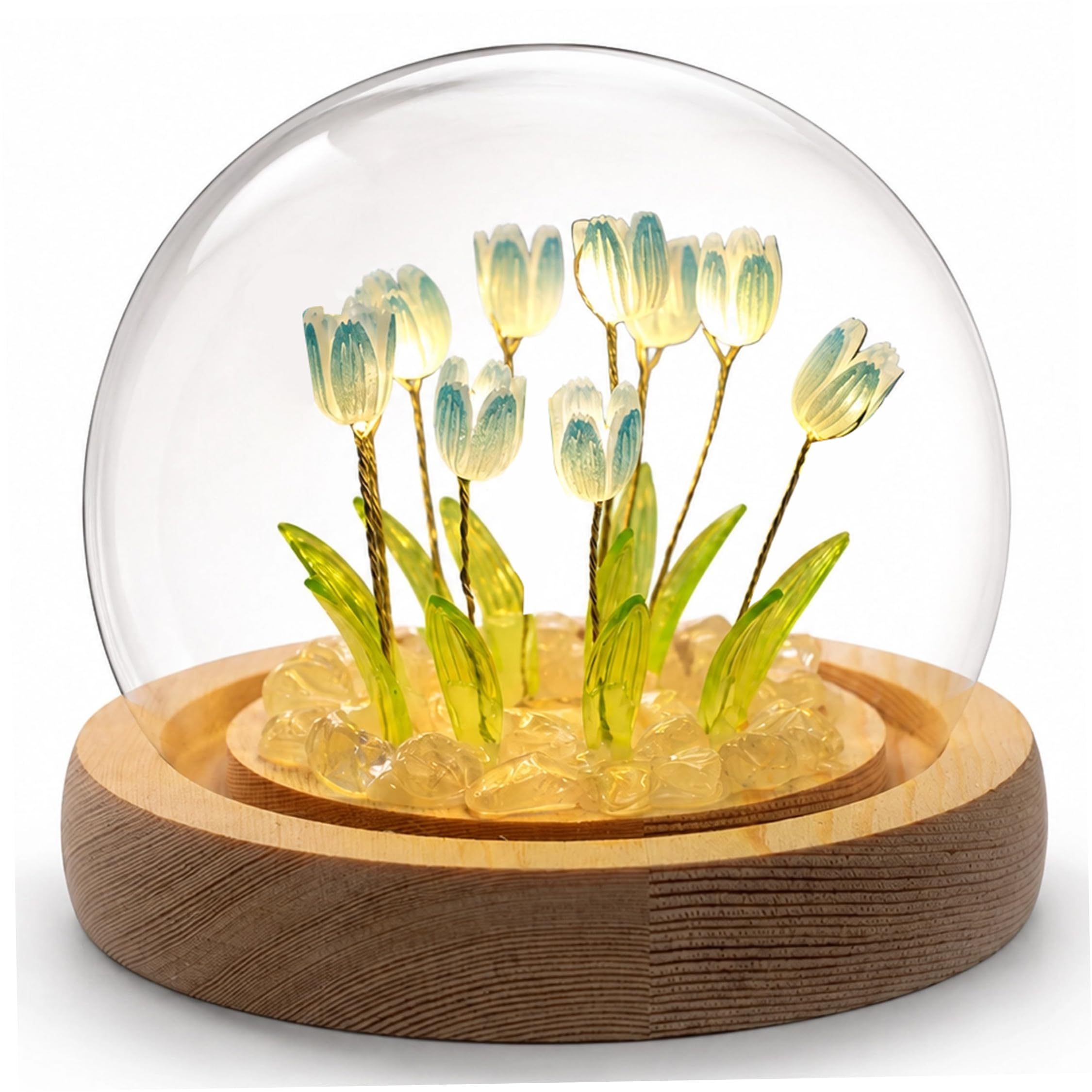 Monwssoe Light Up Tulips, 2pcs DIY Flower Night Light Set: Glass Globe, Flowers, & USB-Powered Wood Base with Bag, Blue