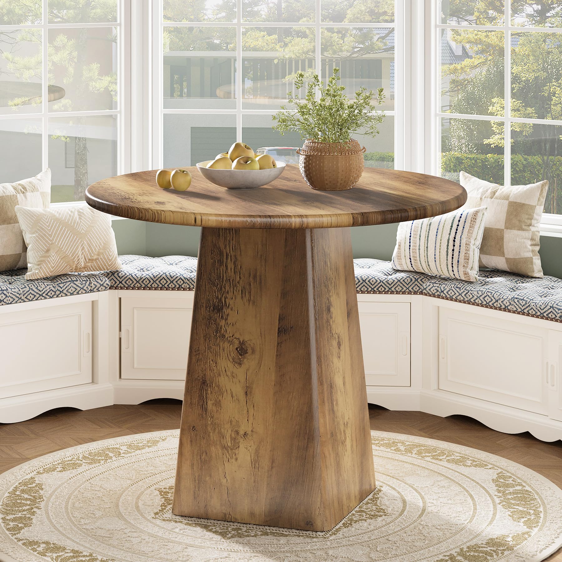 Tribesigns 80cm Round Dining Room Table for 2-4, Farmhouse Small Kitchen Dinner Table with Square Base for Dining Room Living Room, Rustic Brown