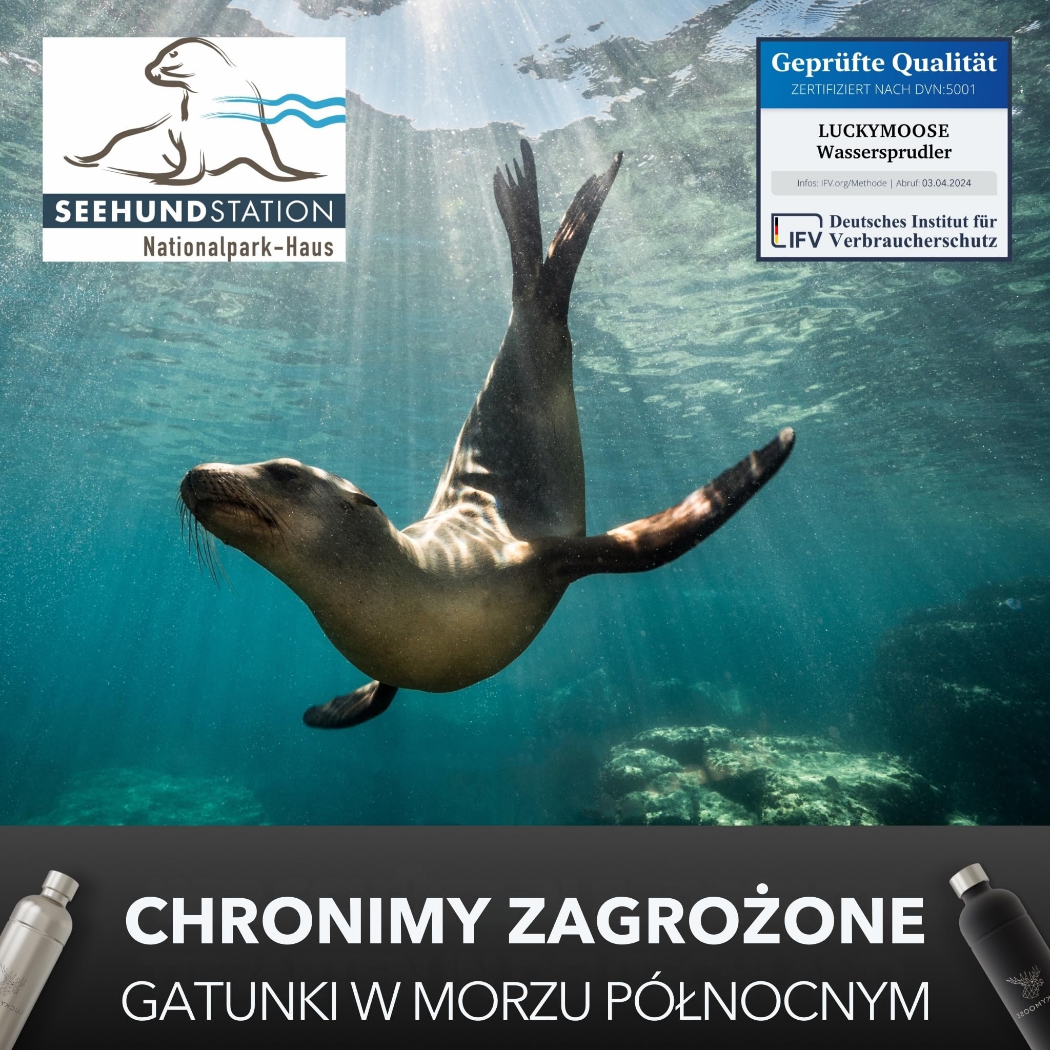 Luckymoose Infinity saturator do wody z 2x 1,25L trwałymi butelkami ze stali nierdzewnej do zmywarki – oszczędna maszyna do wody gazowanej – kompatybilny z niebieskimi cylindrami CO₂ 60l