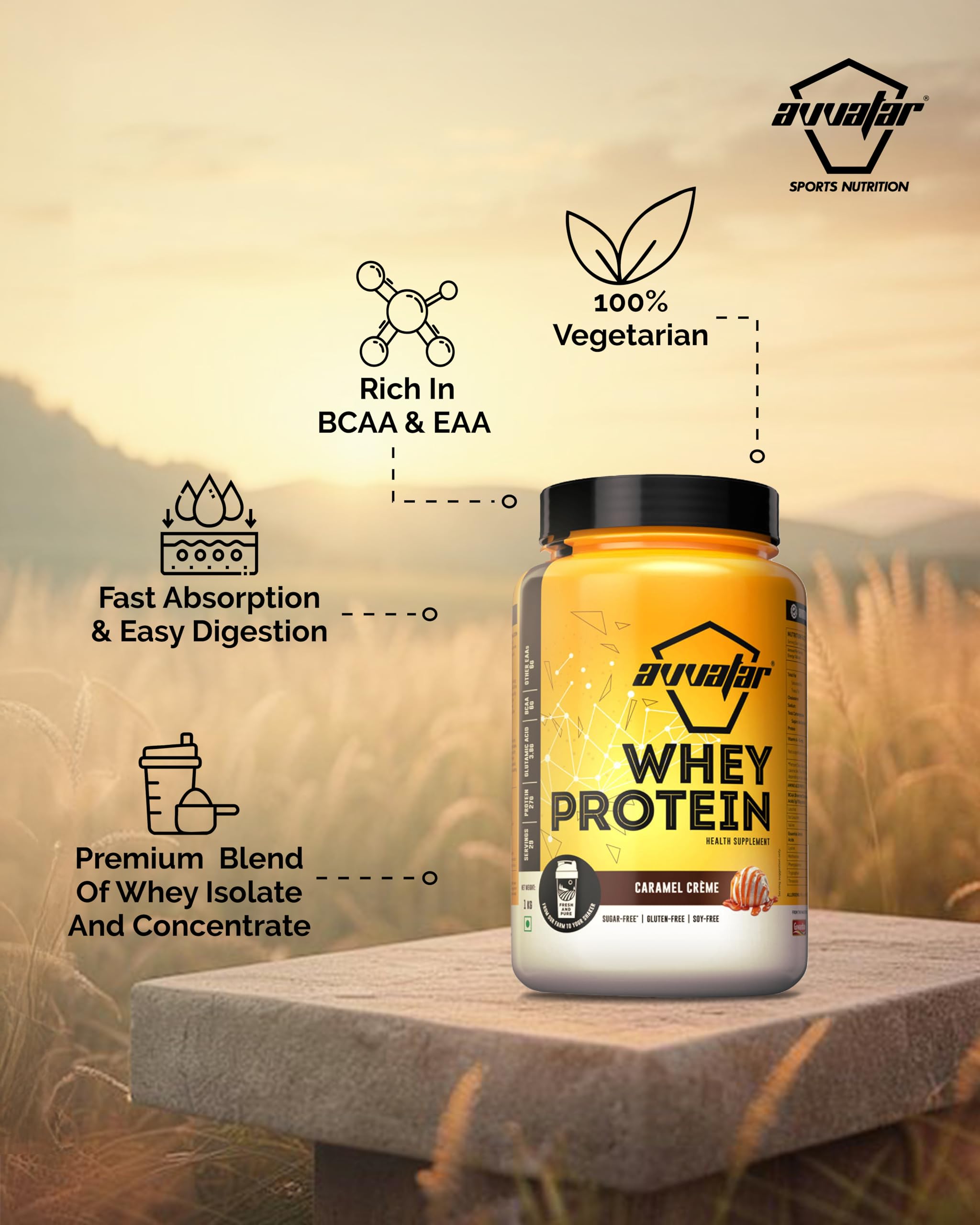 avvatar WHEY PROTEIN | 1Kg | Caramel Crème Flavour | 27g Protein | 29 Servings | Isolate & Concentrate Blend 1