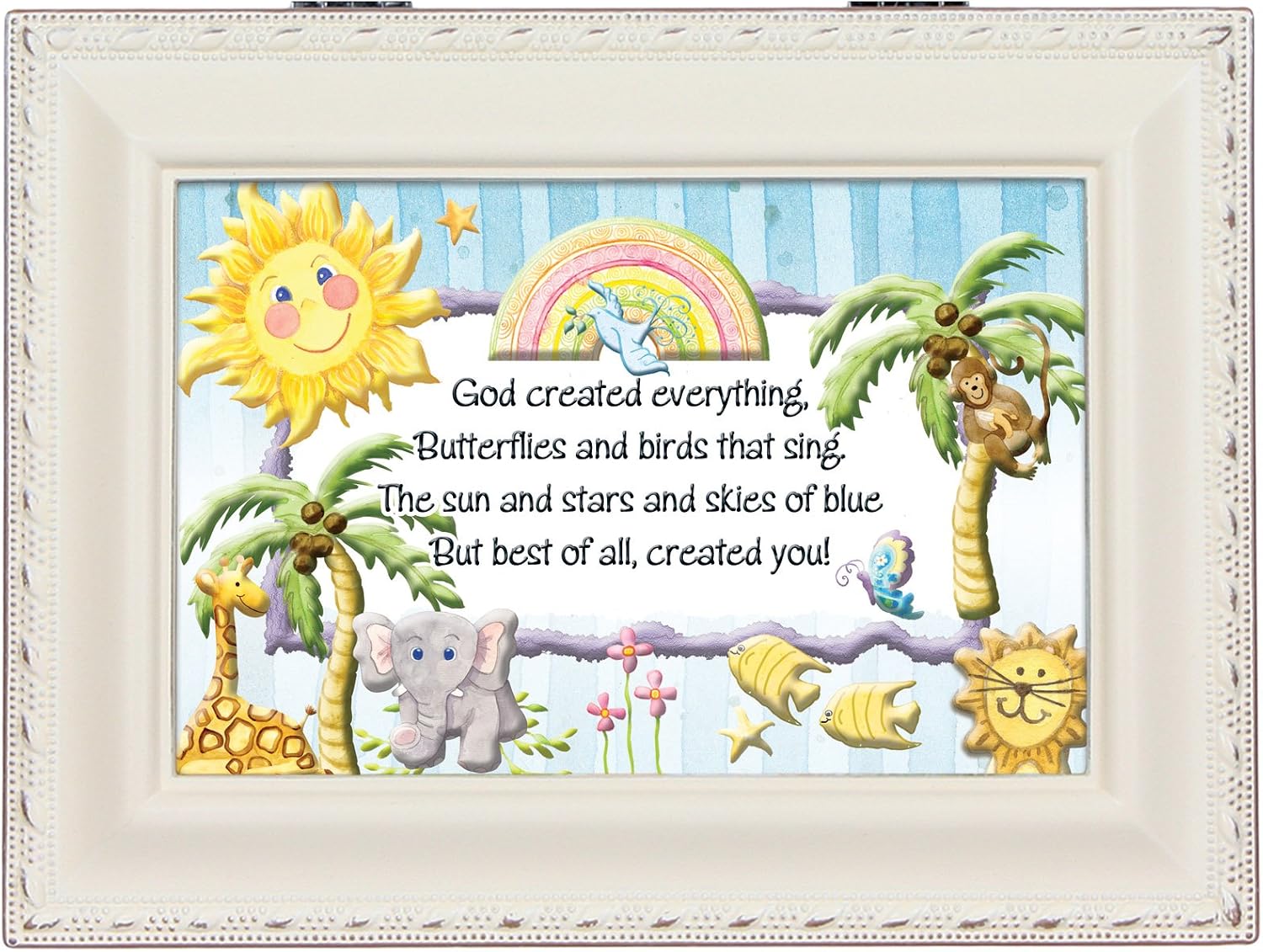 Cottage Garden God Created Everything Ivory Rope Trim Jewelry Music Box Plays Jesus Loves Me image 2