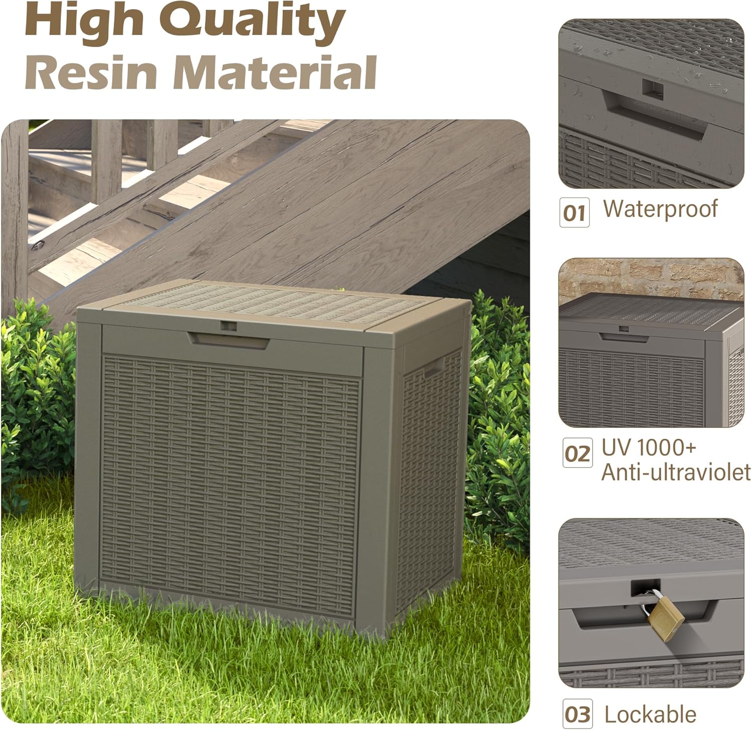 Outdoor Storage Box, 30 Gallon Deck Box with Lockable Lid, Waterproof Resin Storage Bin for Patio Furniture, Garden Tools, Cushions, Grey