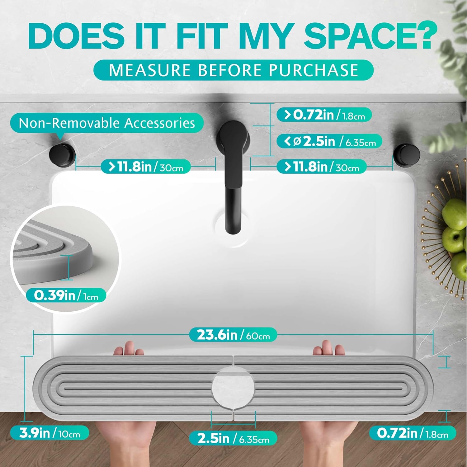 stone faucet mat for kitchen sink – diatomite fast-drying stone tray, faucet mat sink splash guard, decorative sink protector for kitchen bathroom counter [gray, 23.6''x3.9''] gray 23.6" x 3.9"