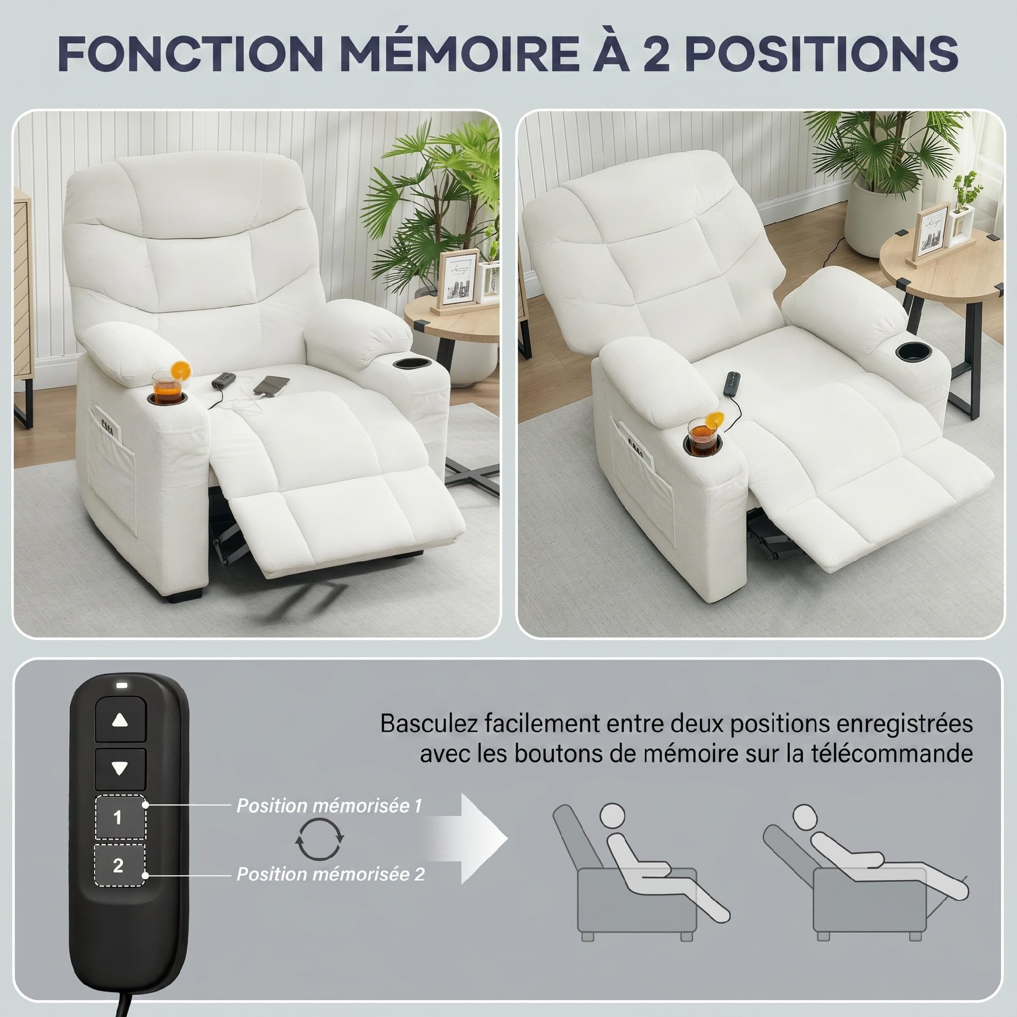 HOMCOM Fauteuil Relax électrique, Fauteuil inclinable en Velours, Port USB, Assise Large, Repose-Pieds, Porte-gobelets, Poches latérales, télécommande, Moteur Silencieux, 2 Positions mémoire, crème