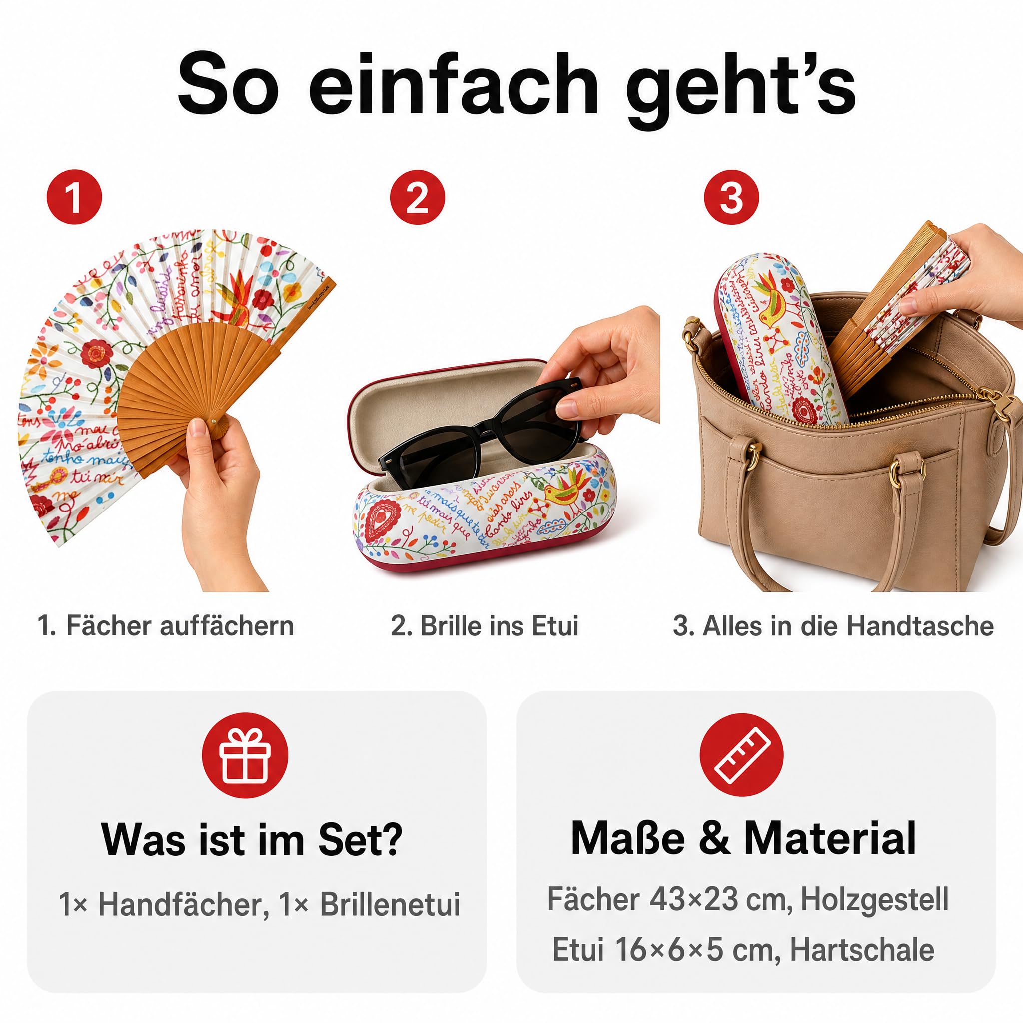 Handfächer & Brillenetui Set, Blumenmuster, Geschenkset Frauen | Faltbarer Handfächer mit Holzgestell und passendes Hartschalen-Brillenetui im Folk-Art-Design – als Muttertagsgeschenk