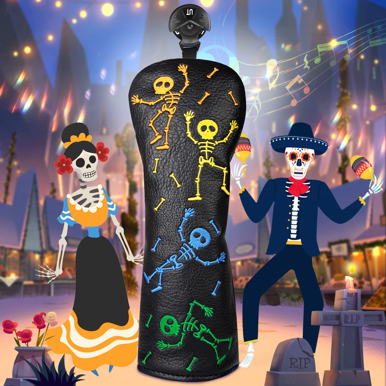 Golf Club Head covers for Driver/Fairway Wood/Hybrid/Putter/Iron Balck PU Leather Colorful Skull Pattern