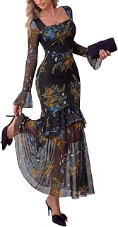 PRETTYGARDEN Womens Floral Long Sleeve Dress A Line Mesh Fall Maxi Dresses | Sheer Sleeve & Bell Cuffs, Lined, High Waist & Tiered Ruffle, Square Neck, Flowy Boho Dress, Cocktail Wedding Guest Dresses