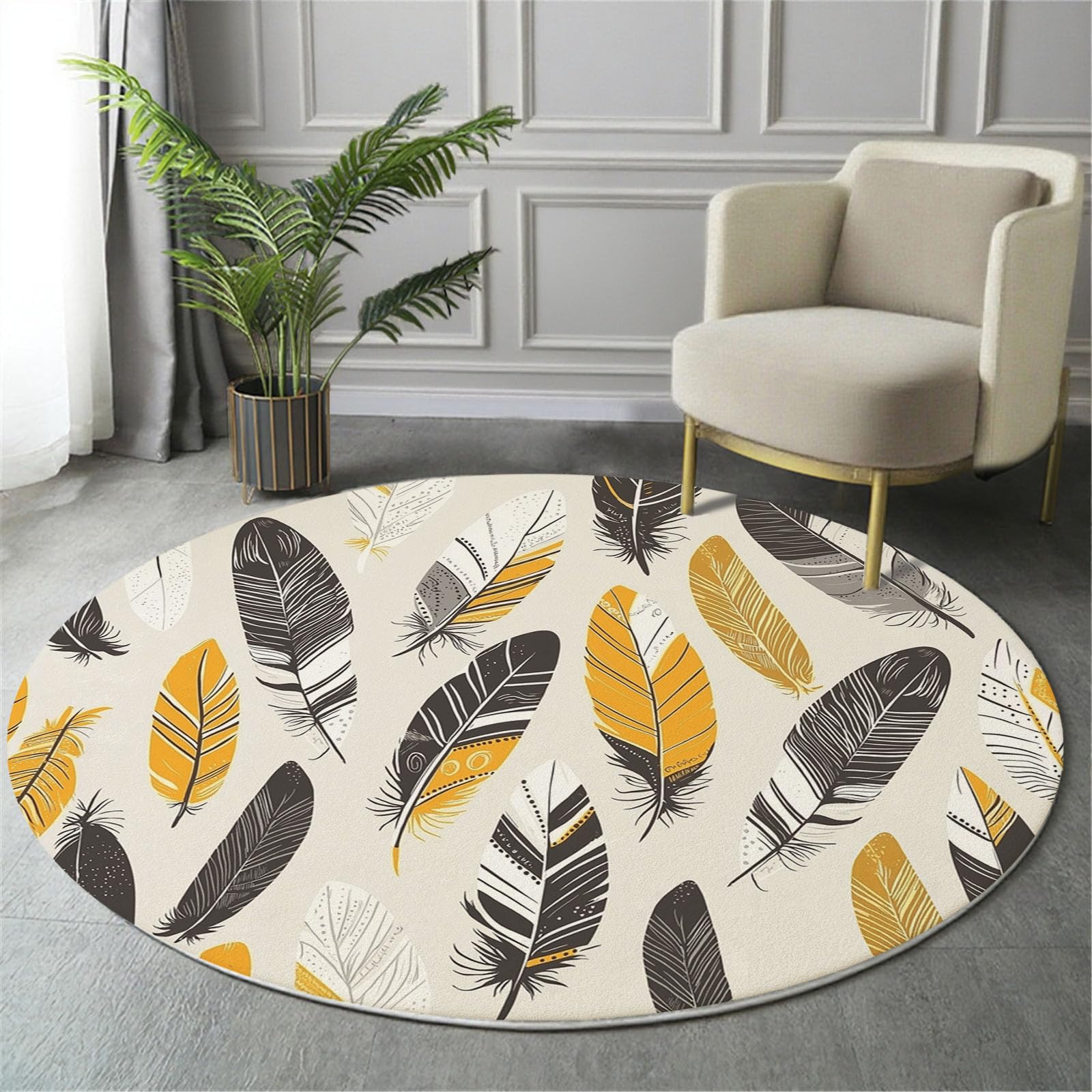 Tapis rond bohème pour salon jaune moutarde de 200cm idéal pour un coin lecture cosy