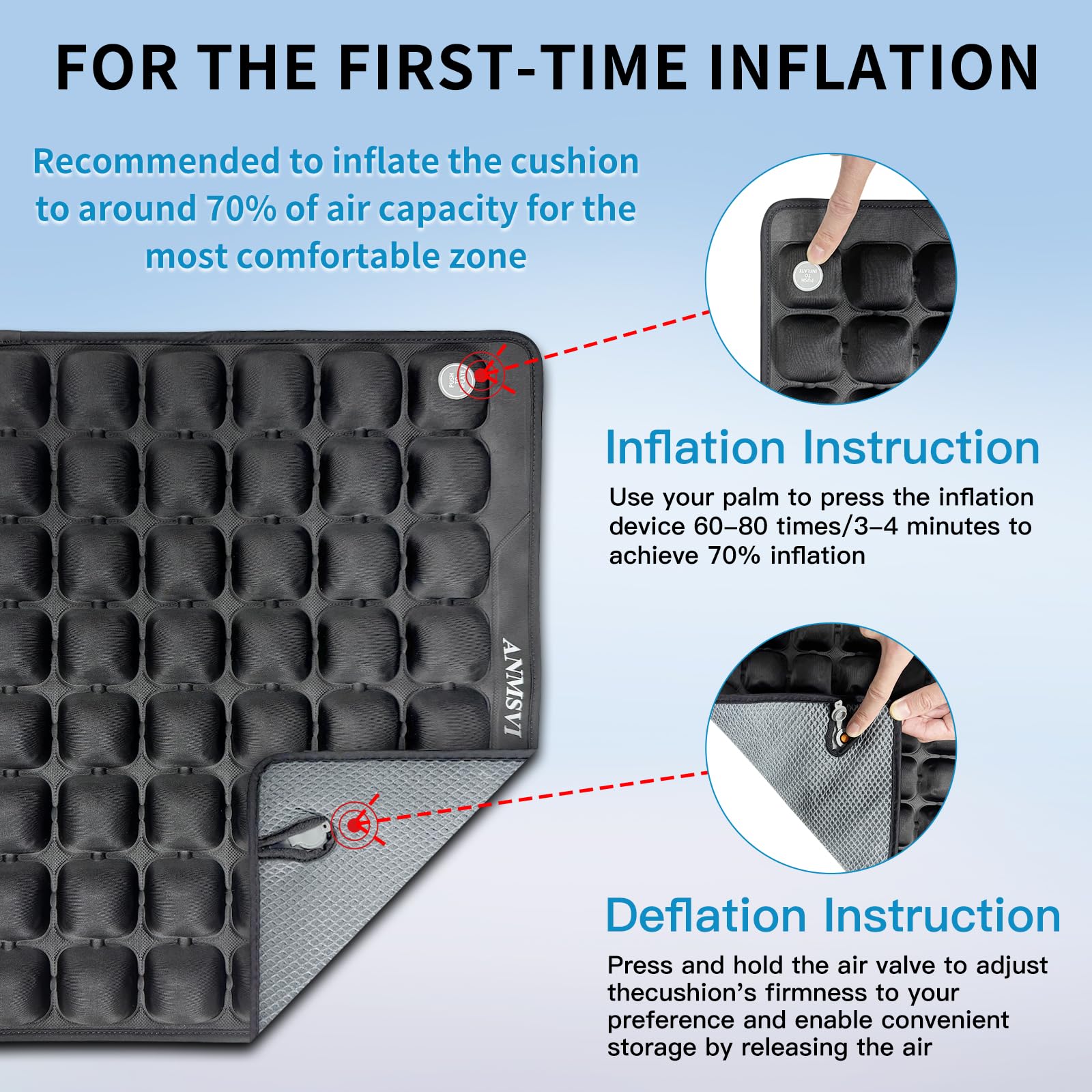 Cojín inflable de alivio de presión para el hogar, oficina, coche, firmeza ajustable para aliviar el dolor de ciática, alivio del dolor de coxis, coxis, silla de oficina (gris)