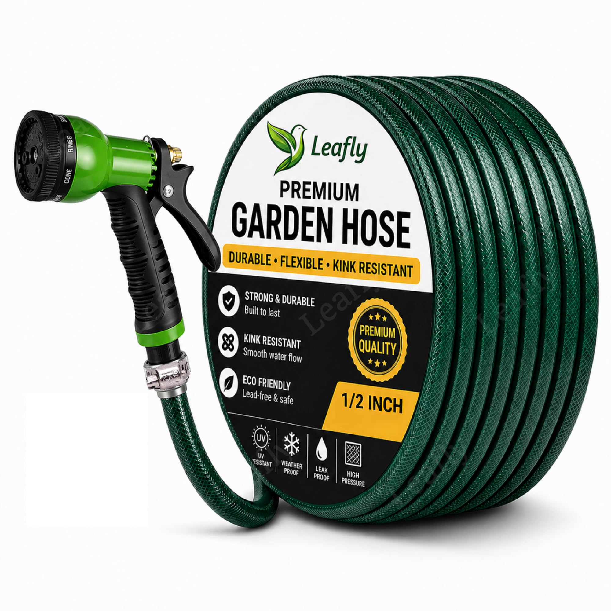 Leafly Heavy Duty Garden Hose Pipe | 1/2 Inch Flexible Water Pipe with Double Latex Core Braided Anti-Kink Outer Layer 8-Pattern SprayGun, Tap Connector & 2 Clamps | Leak-Proof, UV-Resistant (20M)-image-18