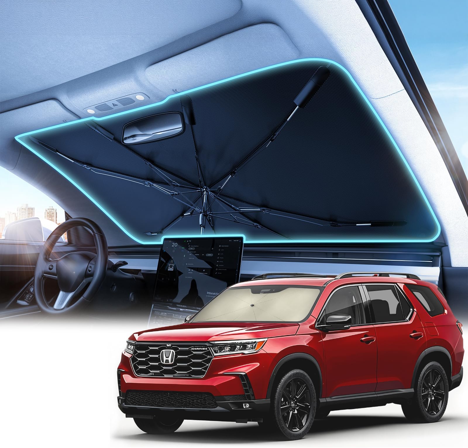 Windshield Sun Shade Umbrella – Custom-Fit for Pilot 2016–2025, Vinyl Coating Heat Shield, 99% UV Blocking, Keep Large SUV Interior Cool, Heavy-Duty Spring Structure