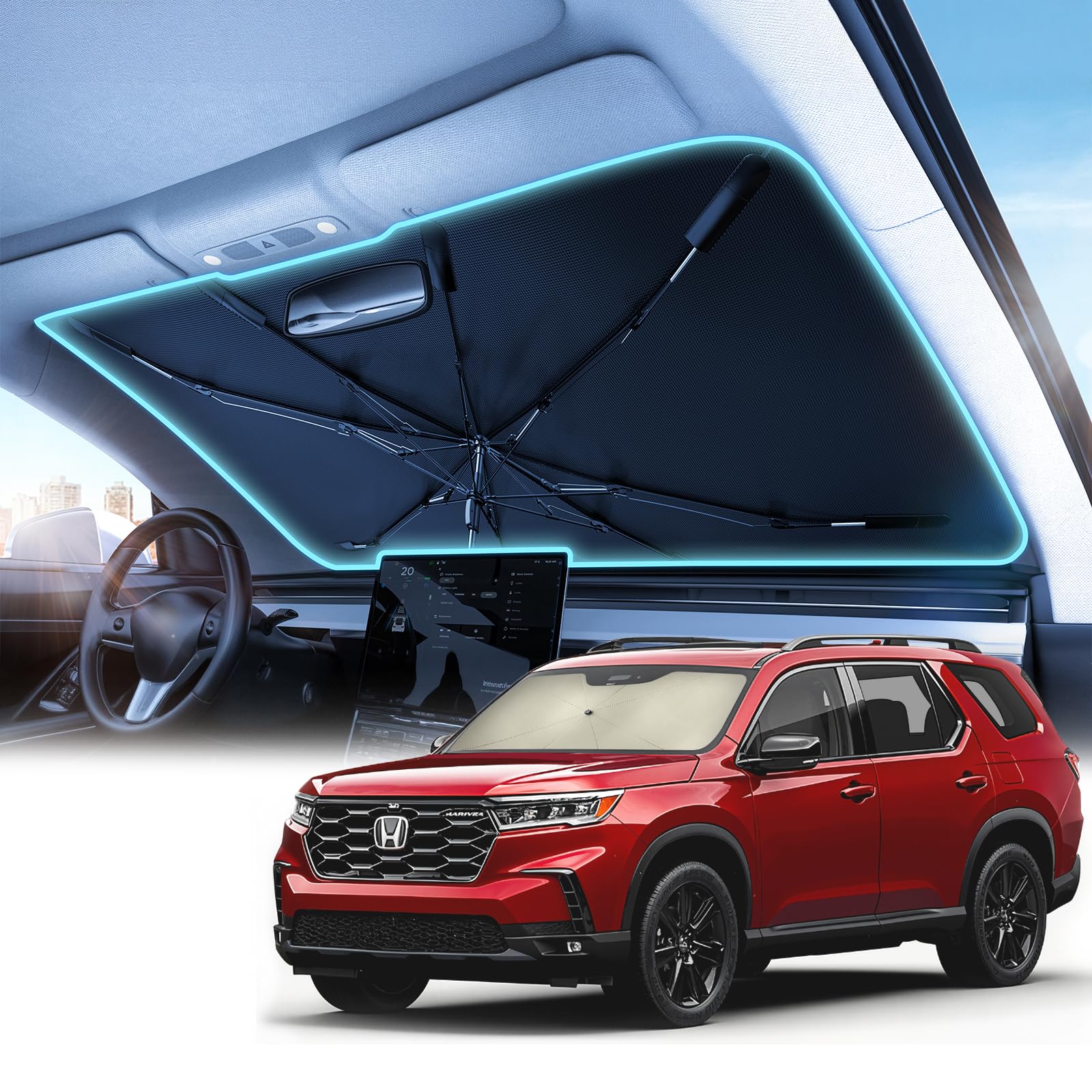 Nmoiss Windshield Sun Shade Umbrella – Custom-Fit for Pilot 2016–2025, Vinyl Coating Heat Shield, 99% UV Blocking, Keep Large SUV Interior Cool, Heavy-Duty Spring Structure