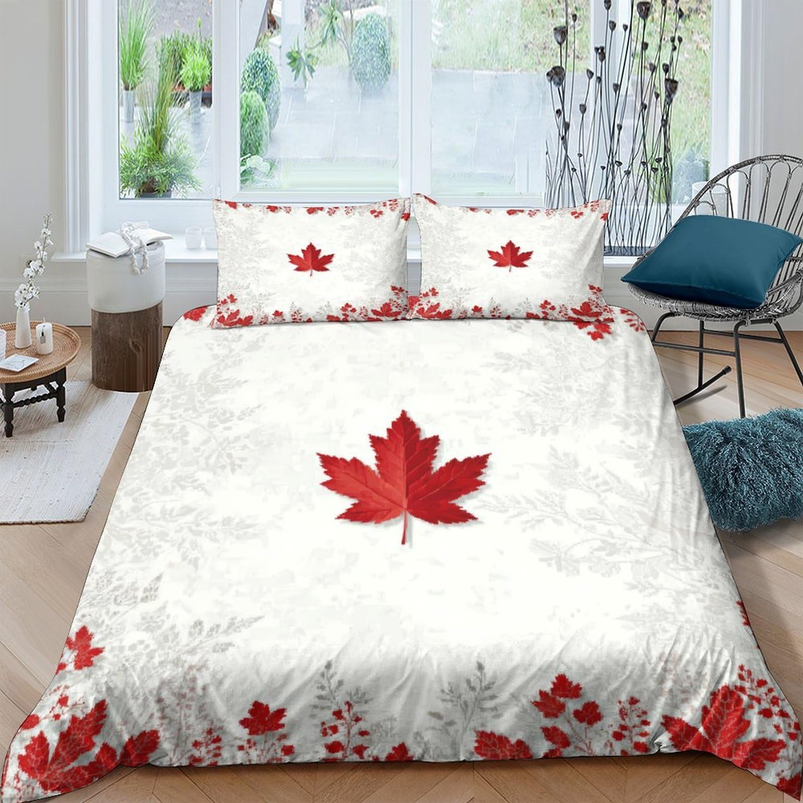 GPLZQXKJNH 3D Printed Maple Leaf Duvet Cover Set Microfiber White Red Bedding Set with 2 Pillowcases for Bedroom Home Decor Single（135x200cm）