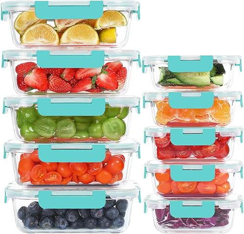 KOMUEE Paquete de 10 recipientes de vidrio para almacenamiento de alimentos, recipientes de preparación de comidas con tapas, loncheras de vidrio