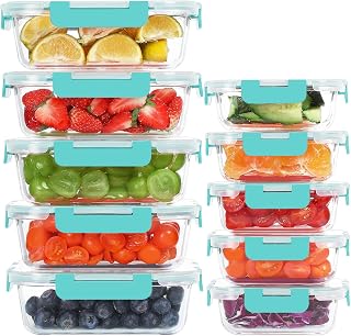 KOMUEE 10 Pack Glass Food Storage Containers, Meal Prep Containers with Lids, Airtight Glass Lunch Boxes, Freezer, Oven, and Microwave Safe, Green