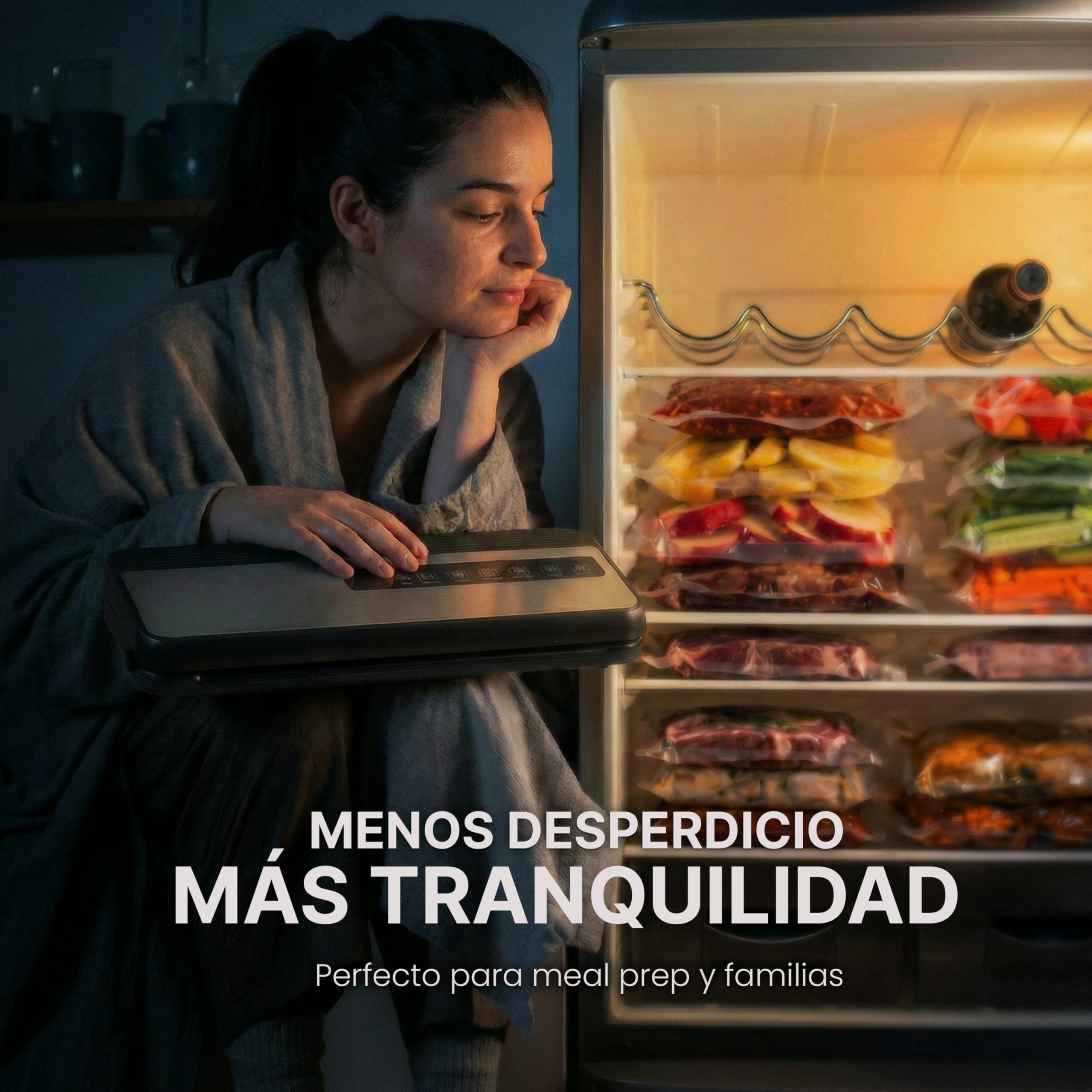 Envasadora al Vacio Doméstica 80 kPa 8 en 1, Sellado Doble Hermético, Incluye Bolsas Gofradas Negras Extra Resistentes, Cortador, Almacén de Rollos, Tapón de Vacio, Set Profesional