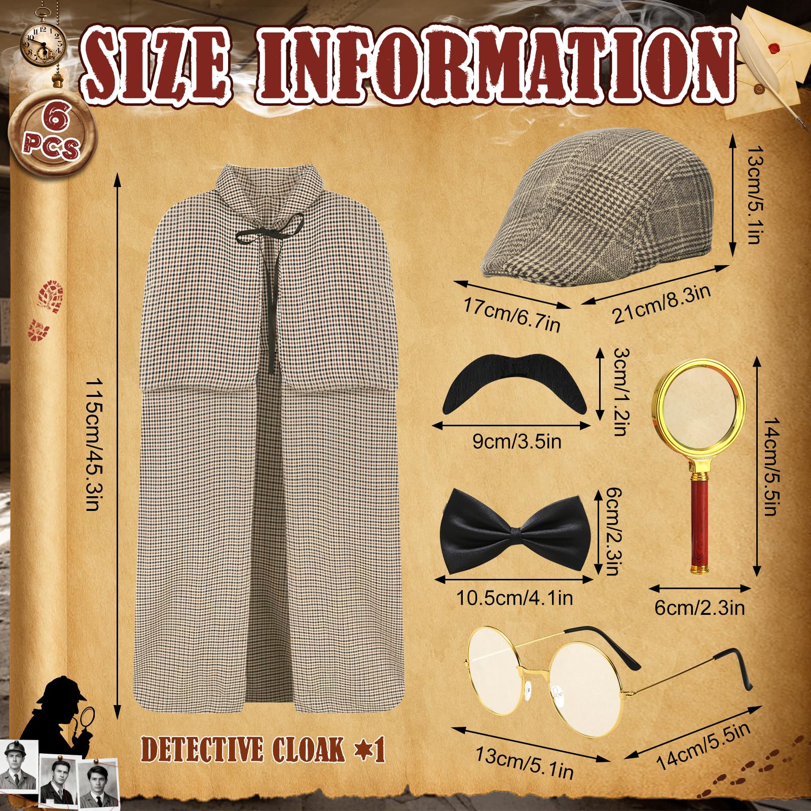 6Pcs Detective Costume Accessories Set for Adult, Victorian Detective Fancy Dress Kit with Cape Hat Glasses Magnifier Bow tie Fake Beards for Halloween Carnival Cosplay Mystery Parties Role Play - Image 2