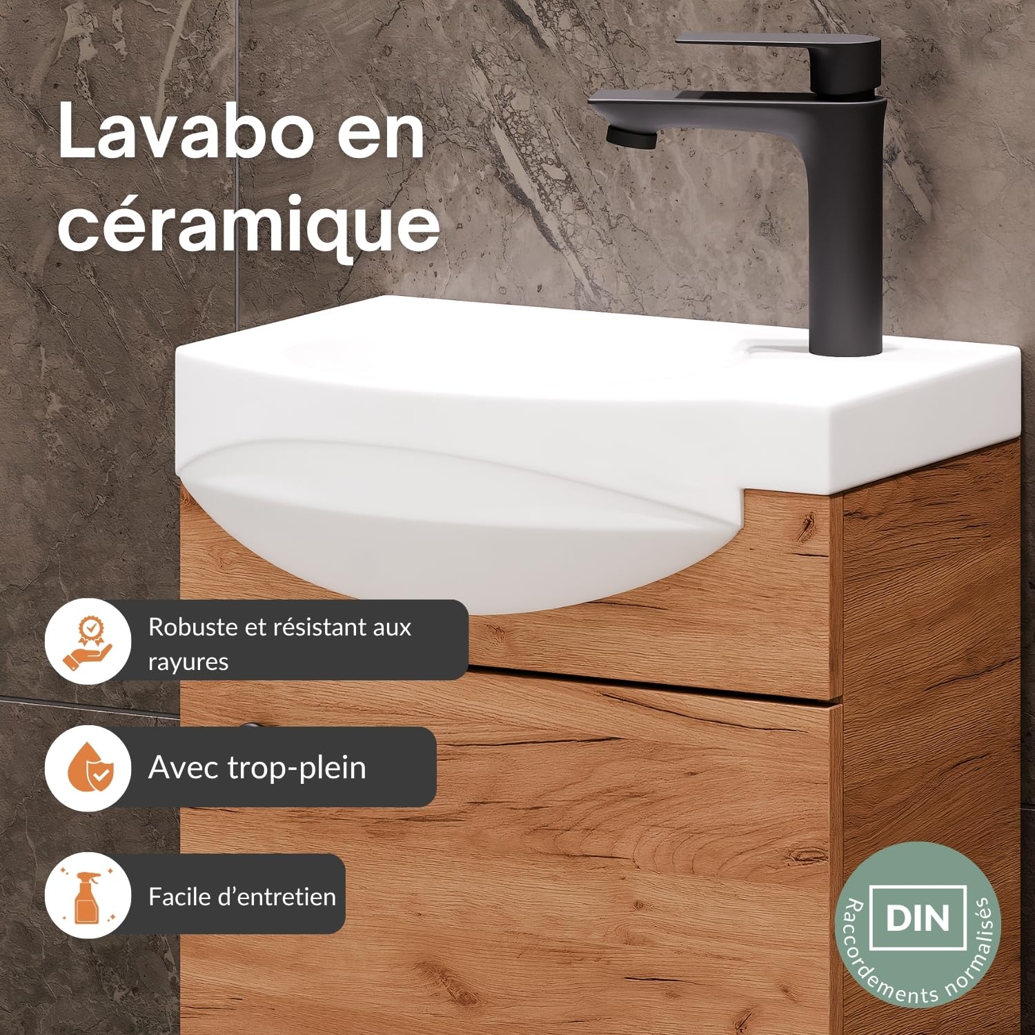 Planetmöbel Ensemble de Meubles de Salle de Bains Lavabo avec Meuble Bas 40 x 60 x 29 cm, Miroir avec éclairage 50 x 90 cm & Armoire Centrale pour Salle de Bains & WC invités, chêne doré