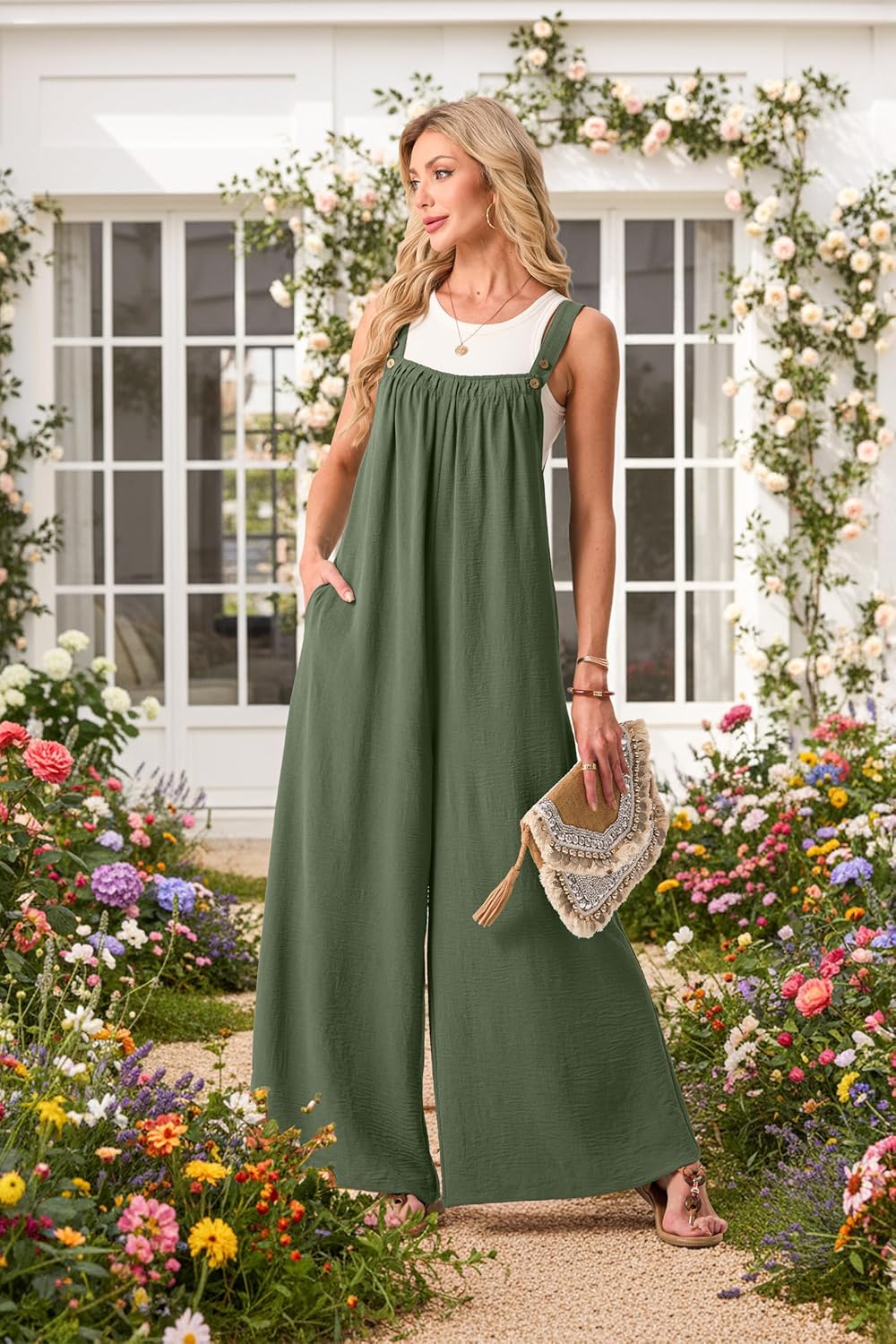 Lepunuo Womens Casual Jumpsuits Summer Boho Wide Leg Rompers Sleeveless Overalls Pleated Jumpers with Pockets - Image 4
