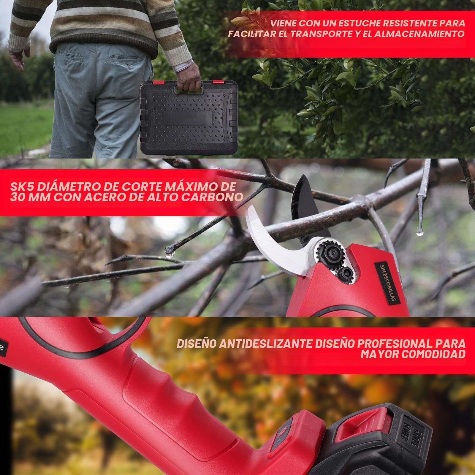 Tijeras de podar eléctricas 30mm, Tijeras de podar bateria con 2 baterías de 21 V / 2000 mAh, 2 Hojas SK5, Larga Duración, Tijeras de podar inalámbricas para jardinería Vides Árbol frutal