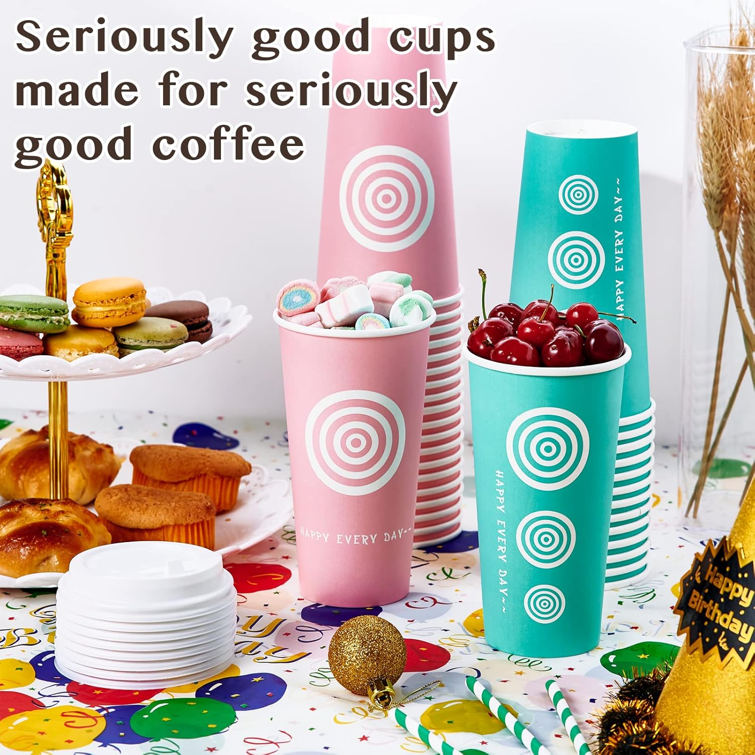 JollyPack 20 oz 100 Pack Paper Coffee Cups with Lids and Stirrers in Pink and Green. Great for Coffee, Juice, Tea, Home Use, Store and Cafe