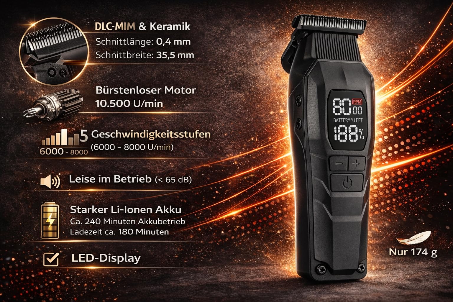 Rotschopf24 Efalock BLADECORE Konturenschneider + Tasche. Profi Trimmer für Konturen & Bart | Haarschneider mit Keramik- & DLC-Klinge | Bürstenlos | Akku + Netz | LED Display. Konturenhaarschneider.