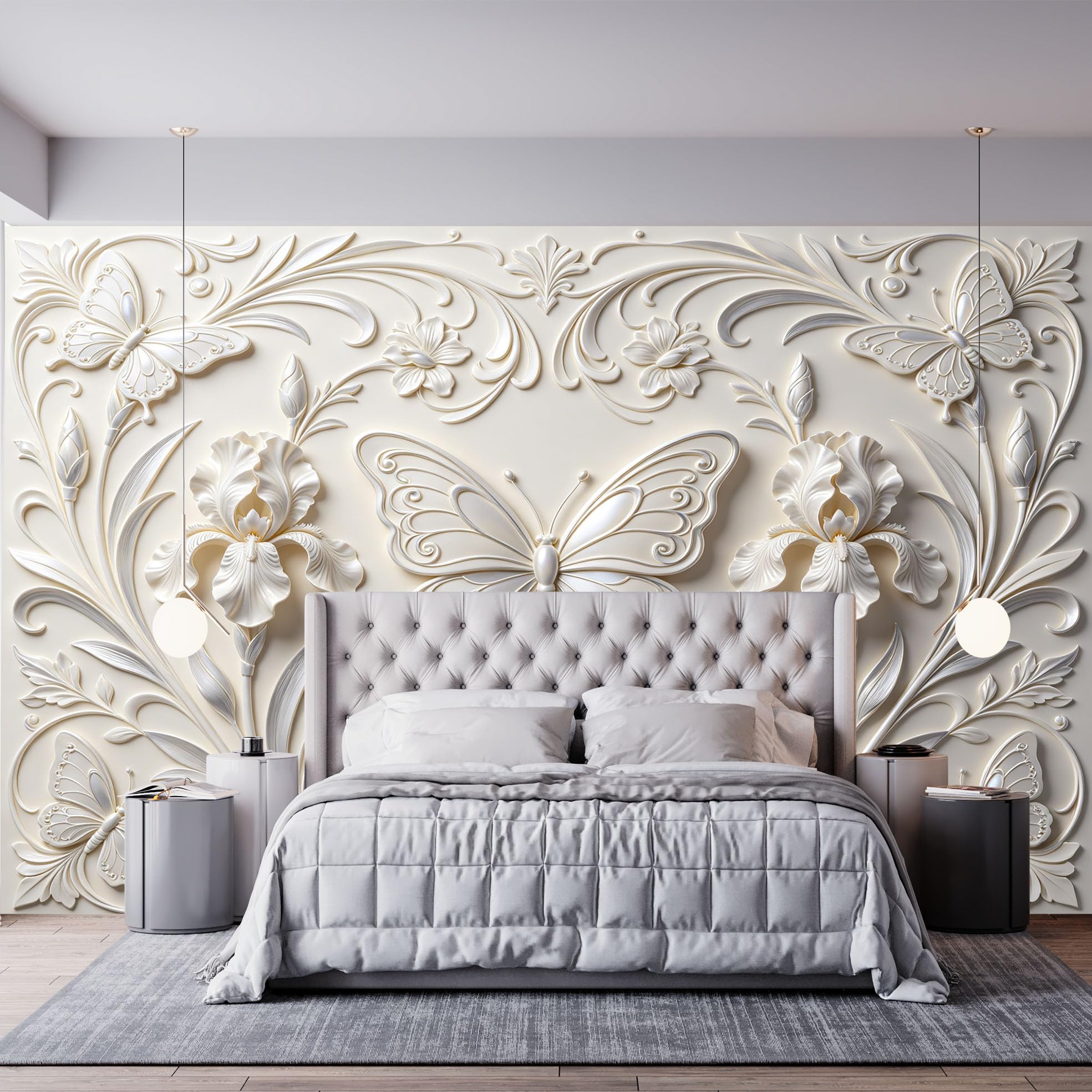 Tłoczony kwiatowy wzór 3D tapeta z włókniny motyl i irys styl barokowy elegancki kremowy kolor kości słoniowej 450 x 315 cm idealna do dekoracji sypialni lub ścian salonu
